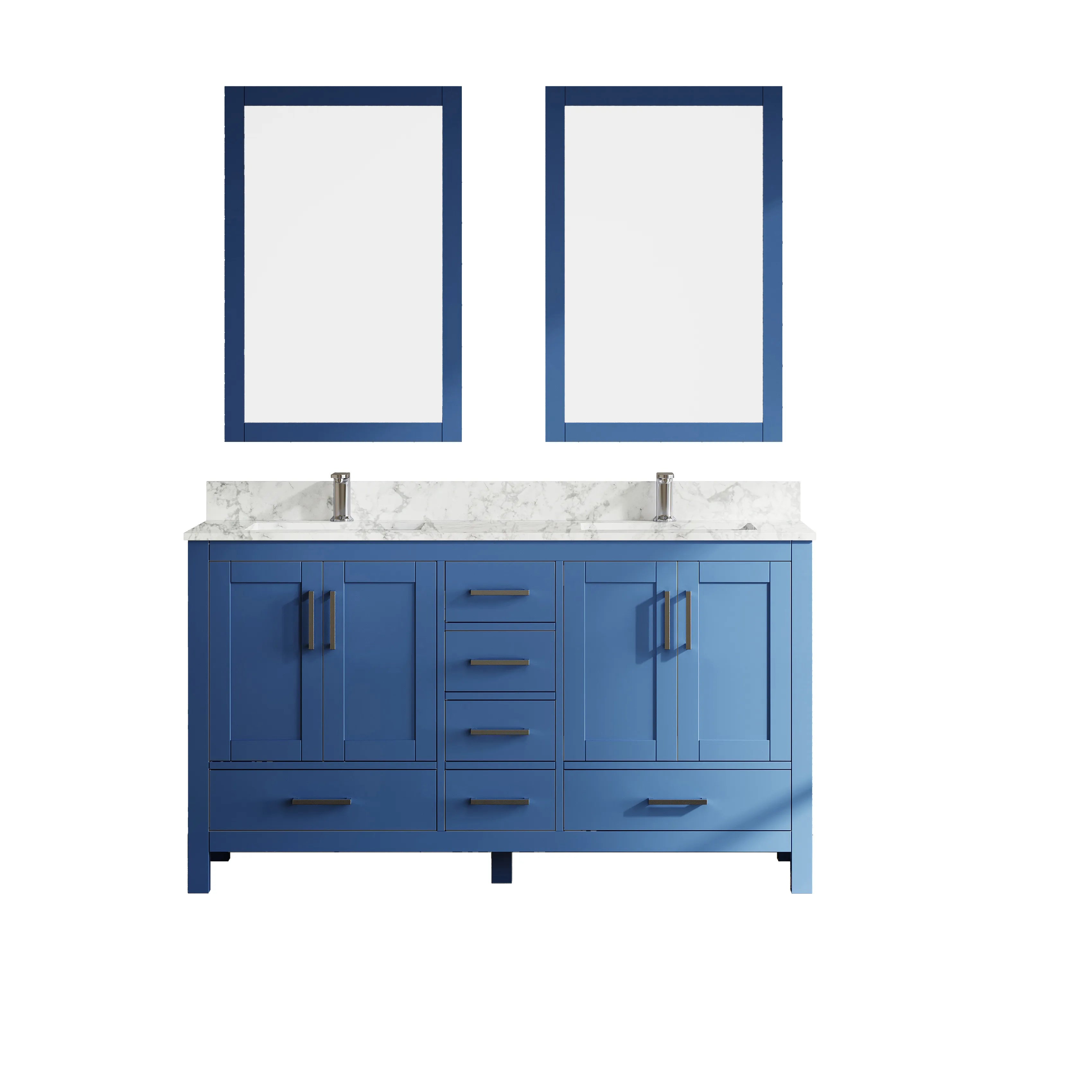 60"/84" Navy Blue Double Sink Bathroom Vanity with White Marble-Pattern Top