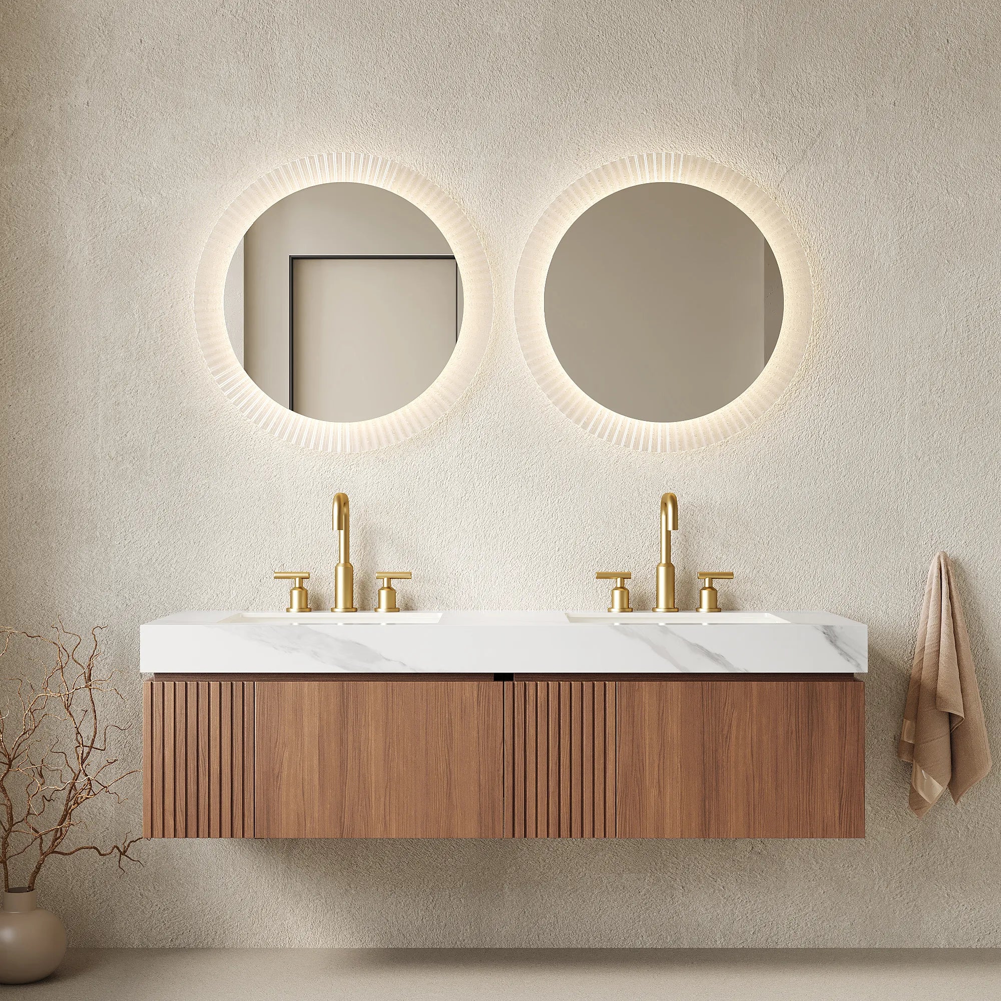 60" Brown Oak Floating Bathroom Vanity with Carrara White Sintered Stone Top and Double Ceramic Sinks