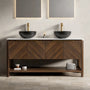 60" Dark Walnut Freestanding Bathroom Vanity with Double Black Stone-Pattern Vessel Sinks and Carrara White Sintered Stone Top