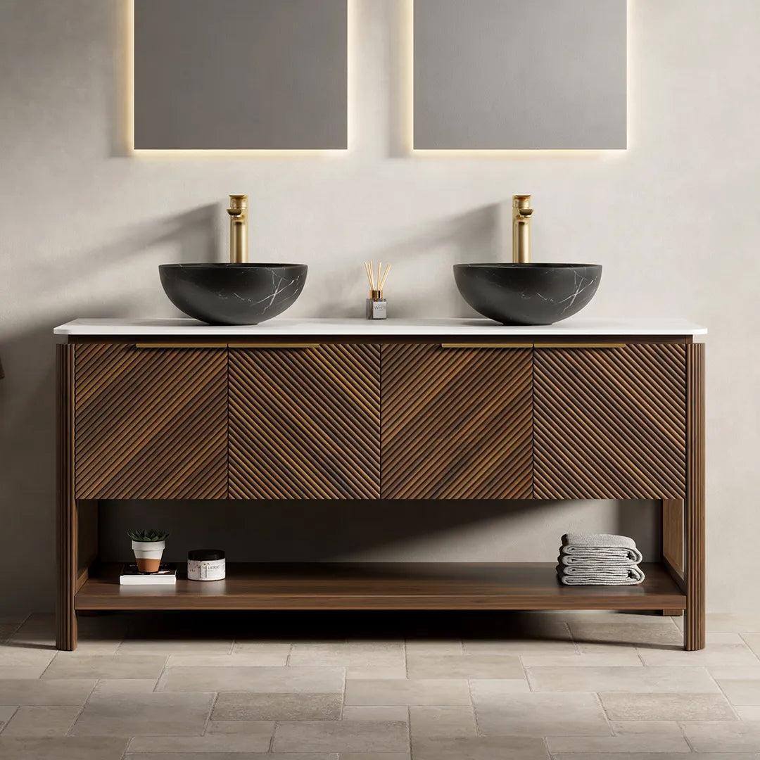 60" Dark Walnut Freestanding Bathroom Vanity with Double Black Stone-Pattern Vessel Sinks and Carrara White Sintered Stone Top