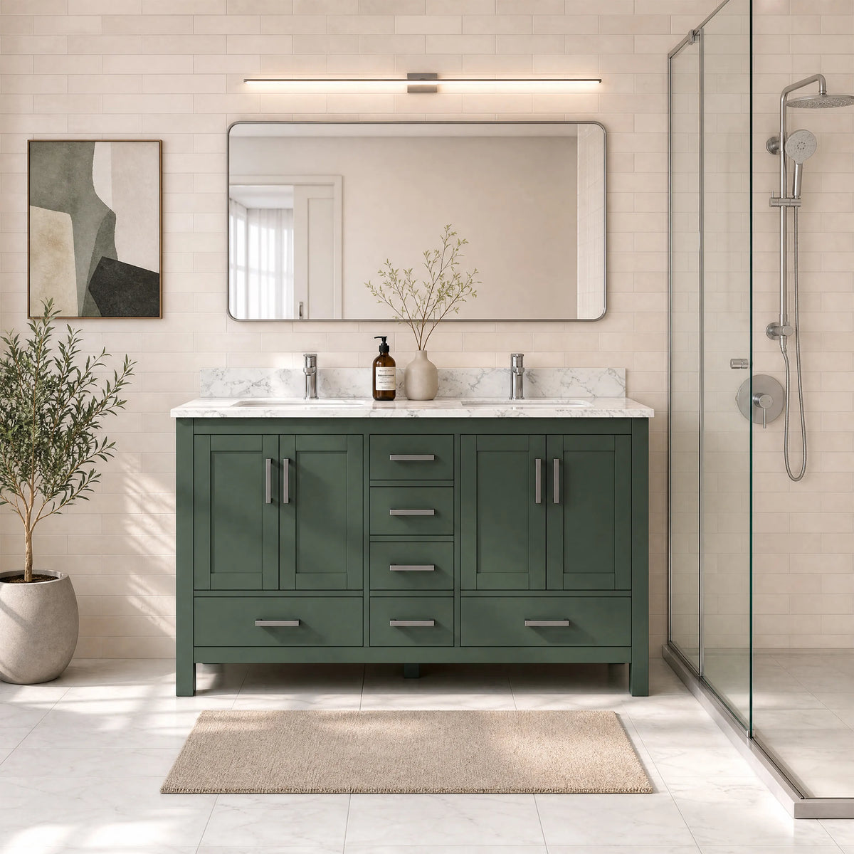 60" Deep Olive Green Double Sink Bathroom Vanity with Engineering Stone Top & 2 Basins