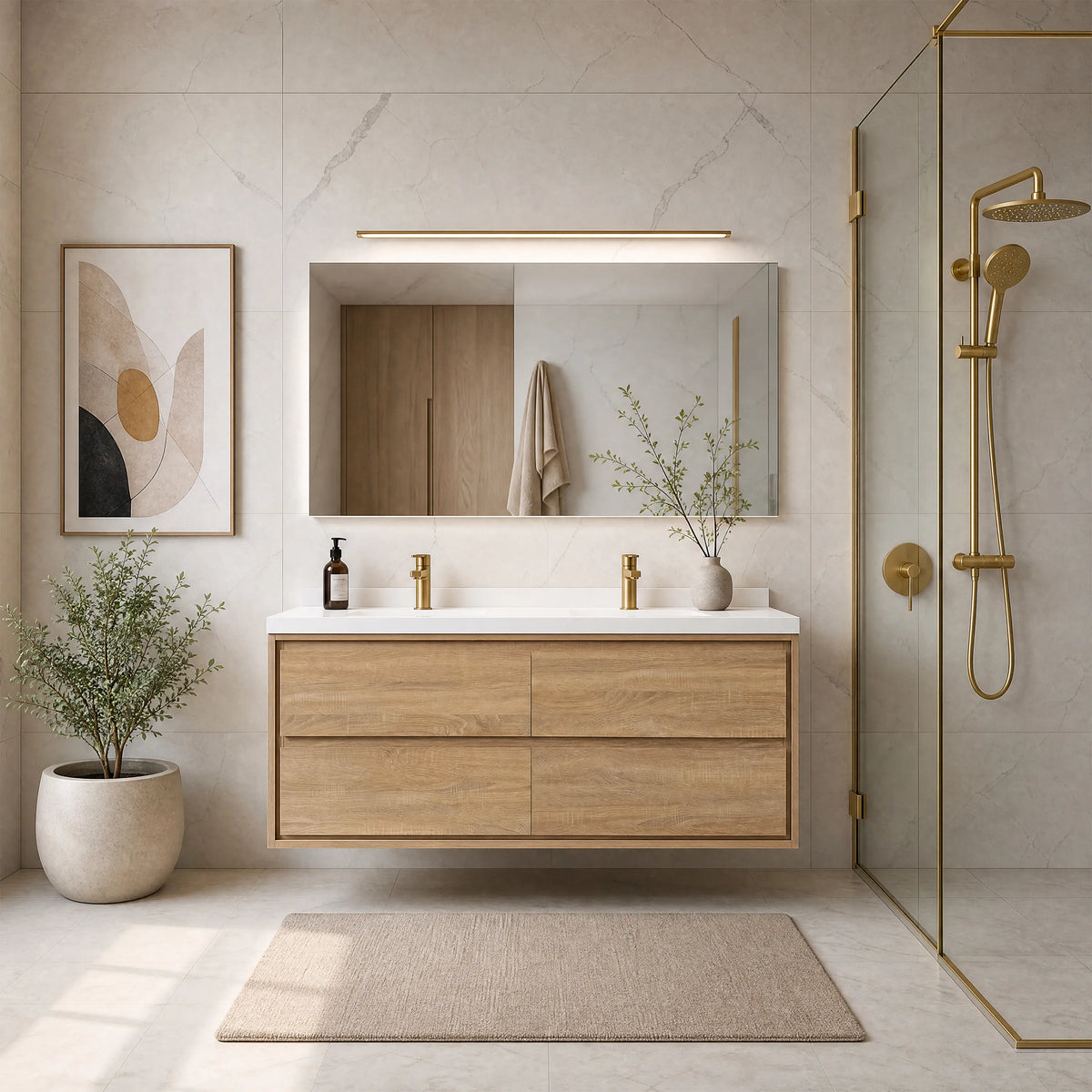60" Wall-mount Double Sink Bathroom Vanity with Marble Top