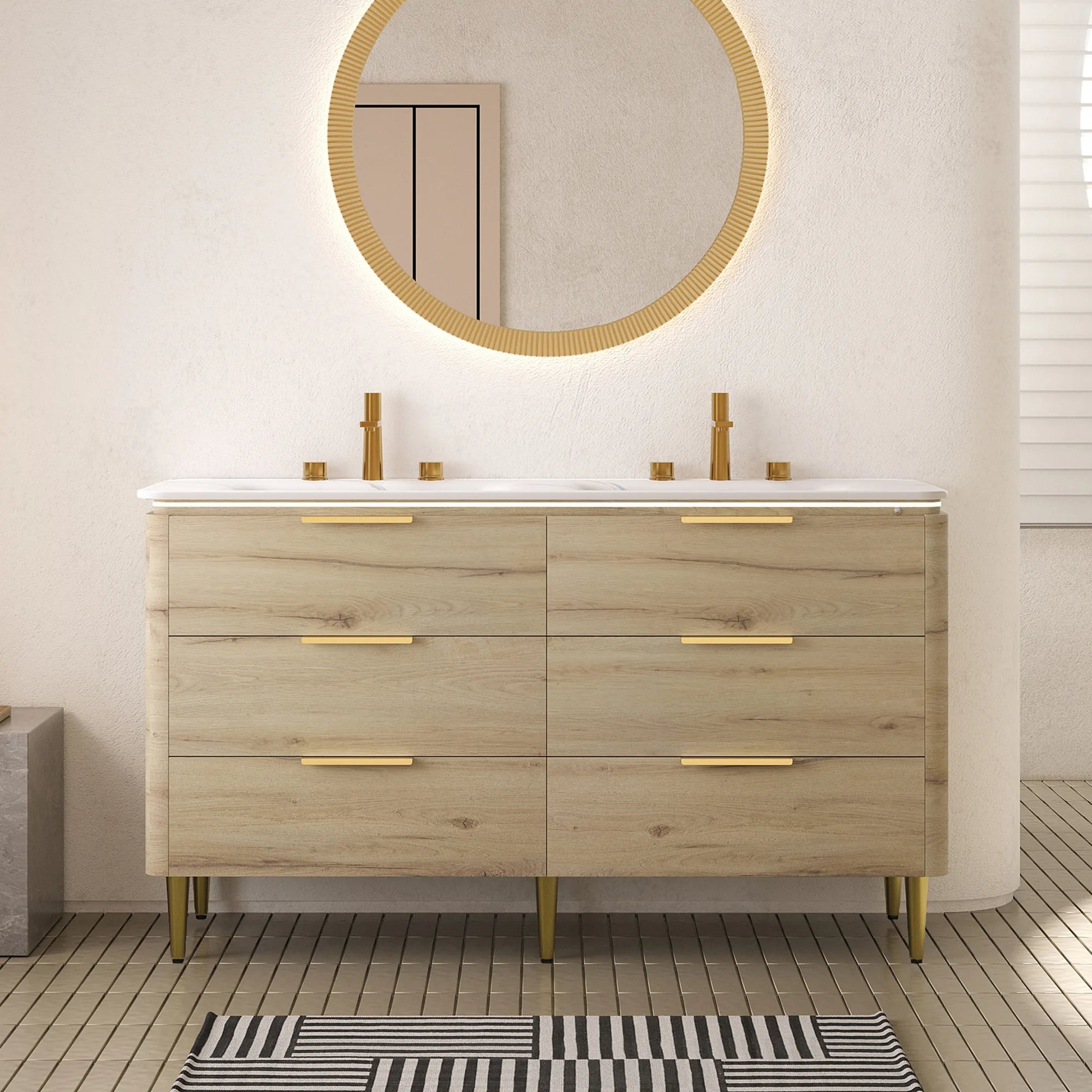 60" White Oak Freestanding Bathroom Vanity with Carrara White Sintered Stone Integrated Basin and LED Sensor Light