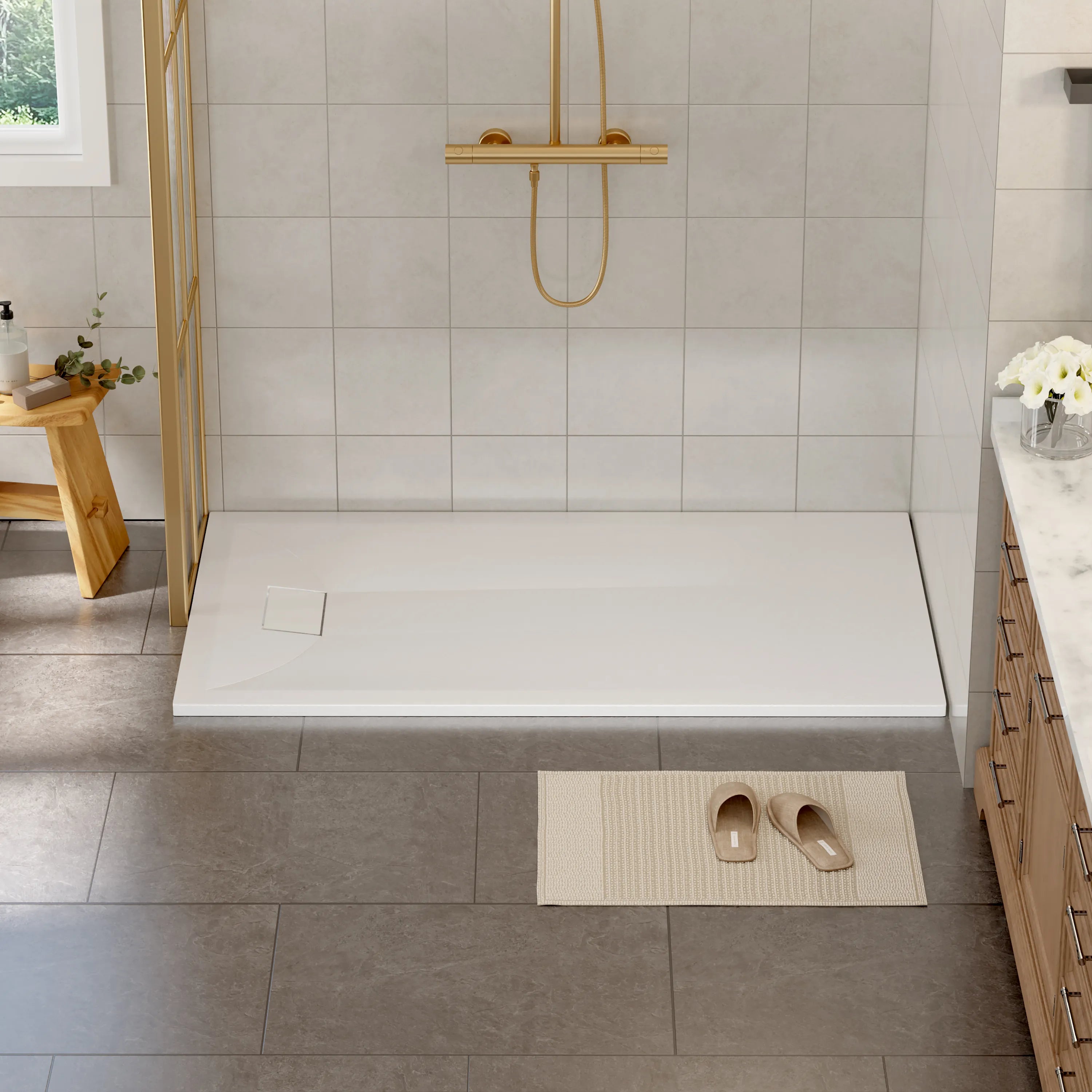60"x32"/36" Curbless SMC Shower Base with Flamed Rock Slip-Resistant Surface, Reversible Drain