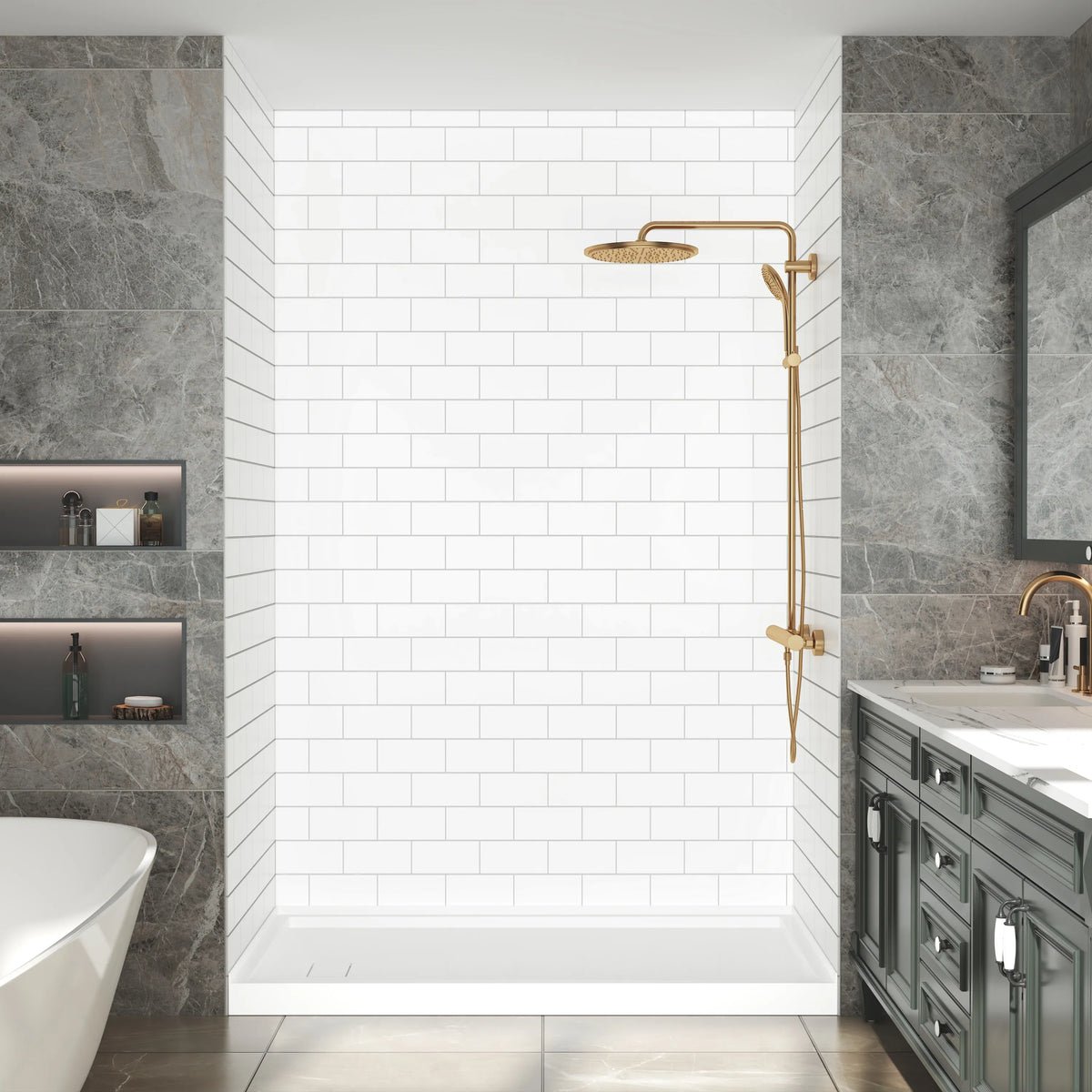 60"x32"x96" Matte/Glossy Surface SMC Shower Wall Panel Kit with Small Subway Tile Pattern