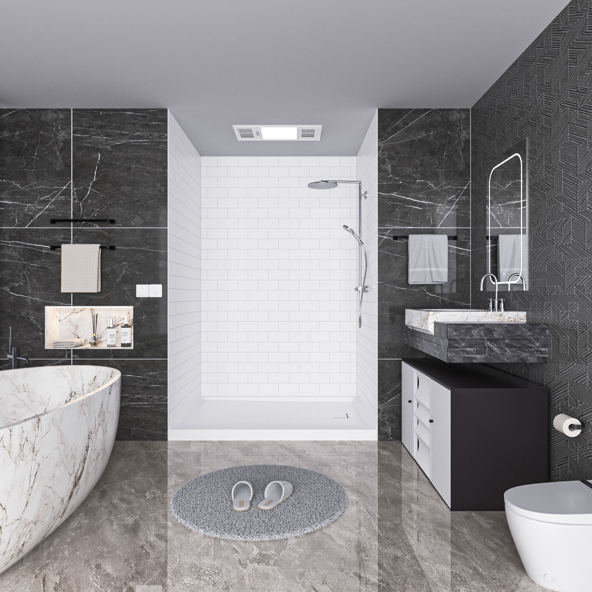 60"x32"x96" SMC Shower Wall Panel Kit with Small Subway Tile Pattern with Matte White / Glossy White Finish