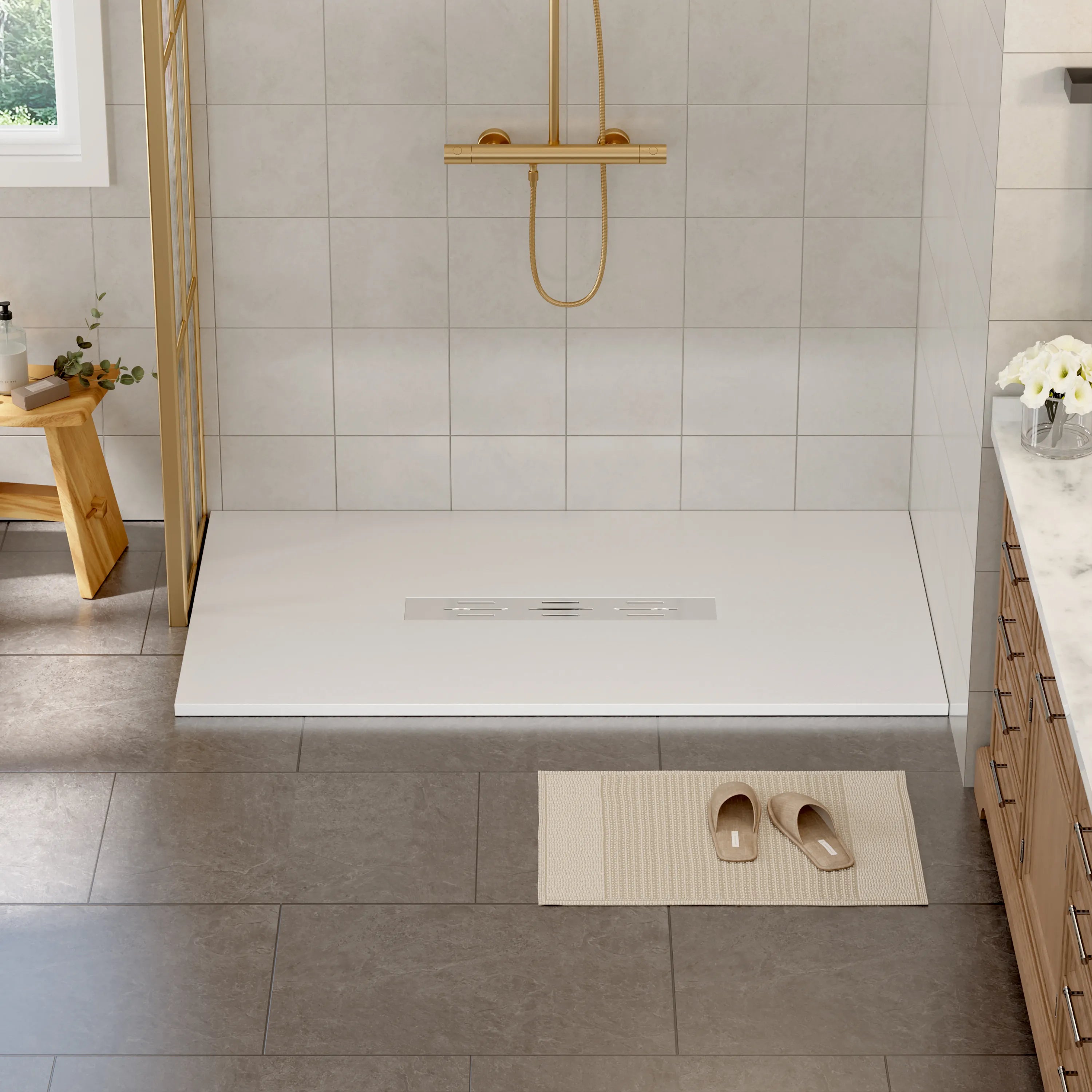 60"x36" White/Calacatta Curbless SMC Shower Base with Flamed Rock Slip-Resistant Surface, Center Drain