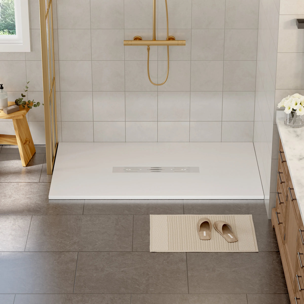60"x36" White/Calacatta Curbless SMC Shower Base with Flamed Rock Slip-Resistant Surface, Center Drain