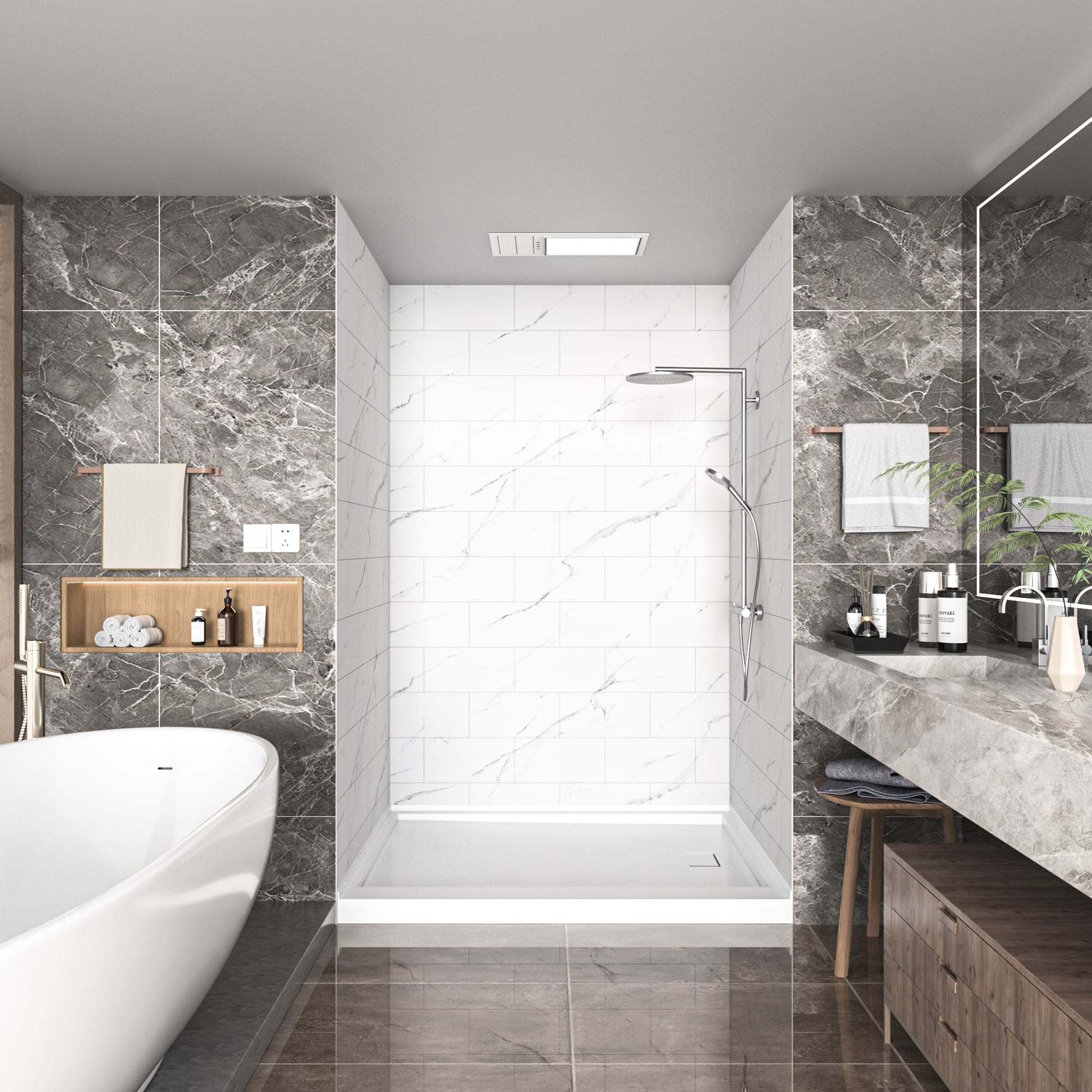 60"x36"x96" SMC Shower Wall Panel Kit with Medium Subway Tile Pattern with Calacatta Matte Finish
