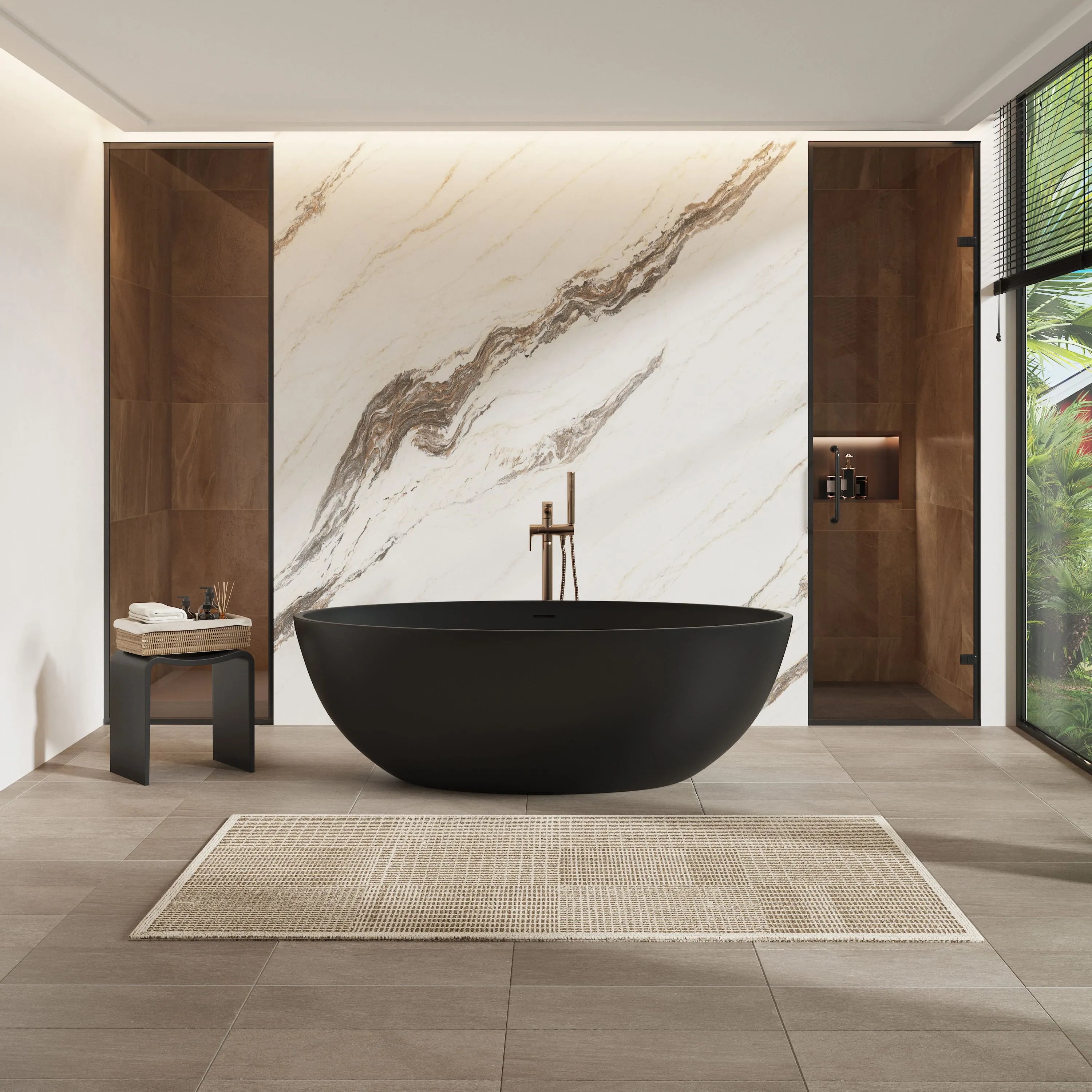 67" Matte Black Oval Solid Surface Freestanding Bathtub with Overflow and Central Drain