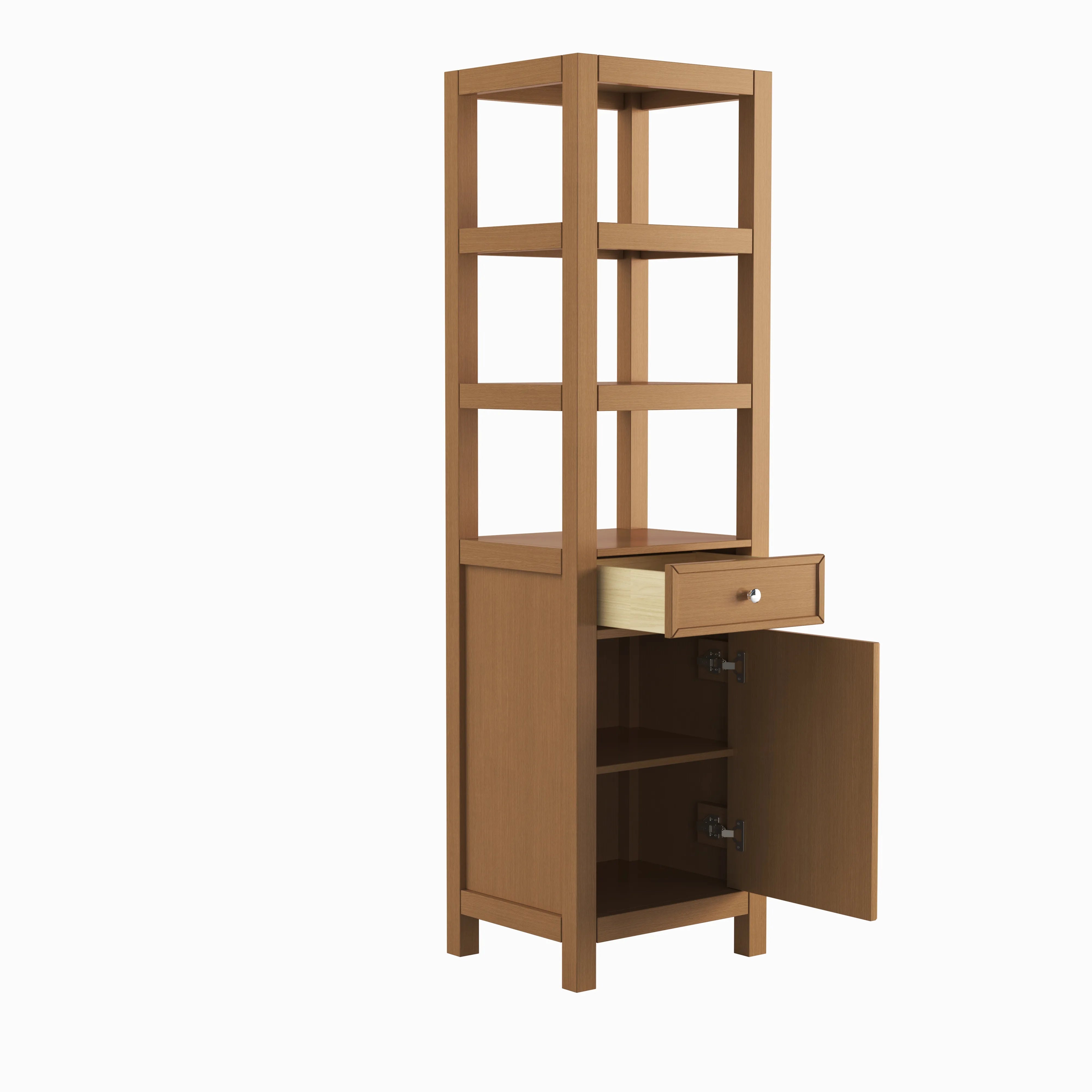 71" Height White Oak Grain Tall Bathroom Side Cabinet with Open Shelves and Drawer