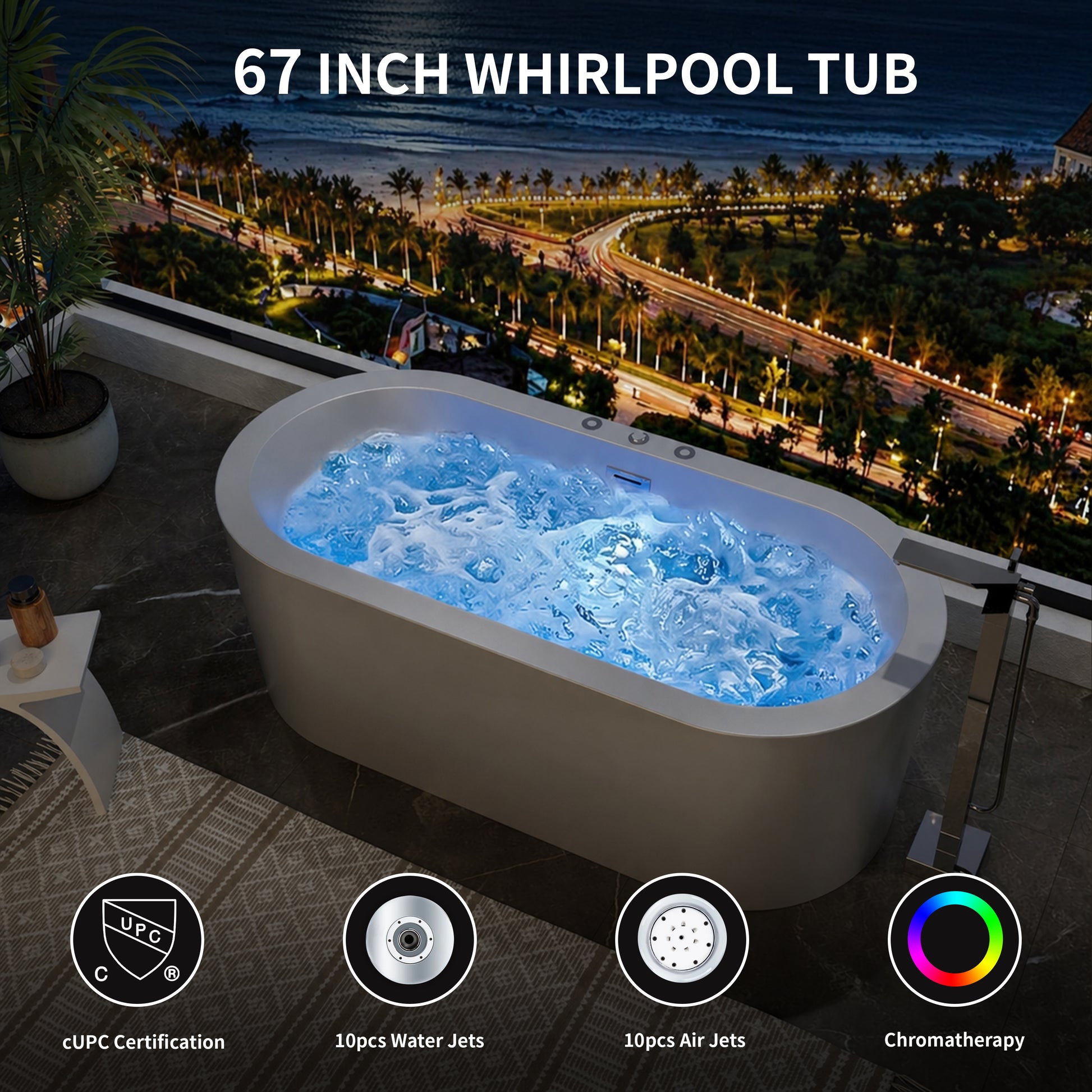 CasaCrylic 67" Luxury Freestanding Oval Whirlpool Baths with Dual Jet Therapy & Chromotherapy Lighting