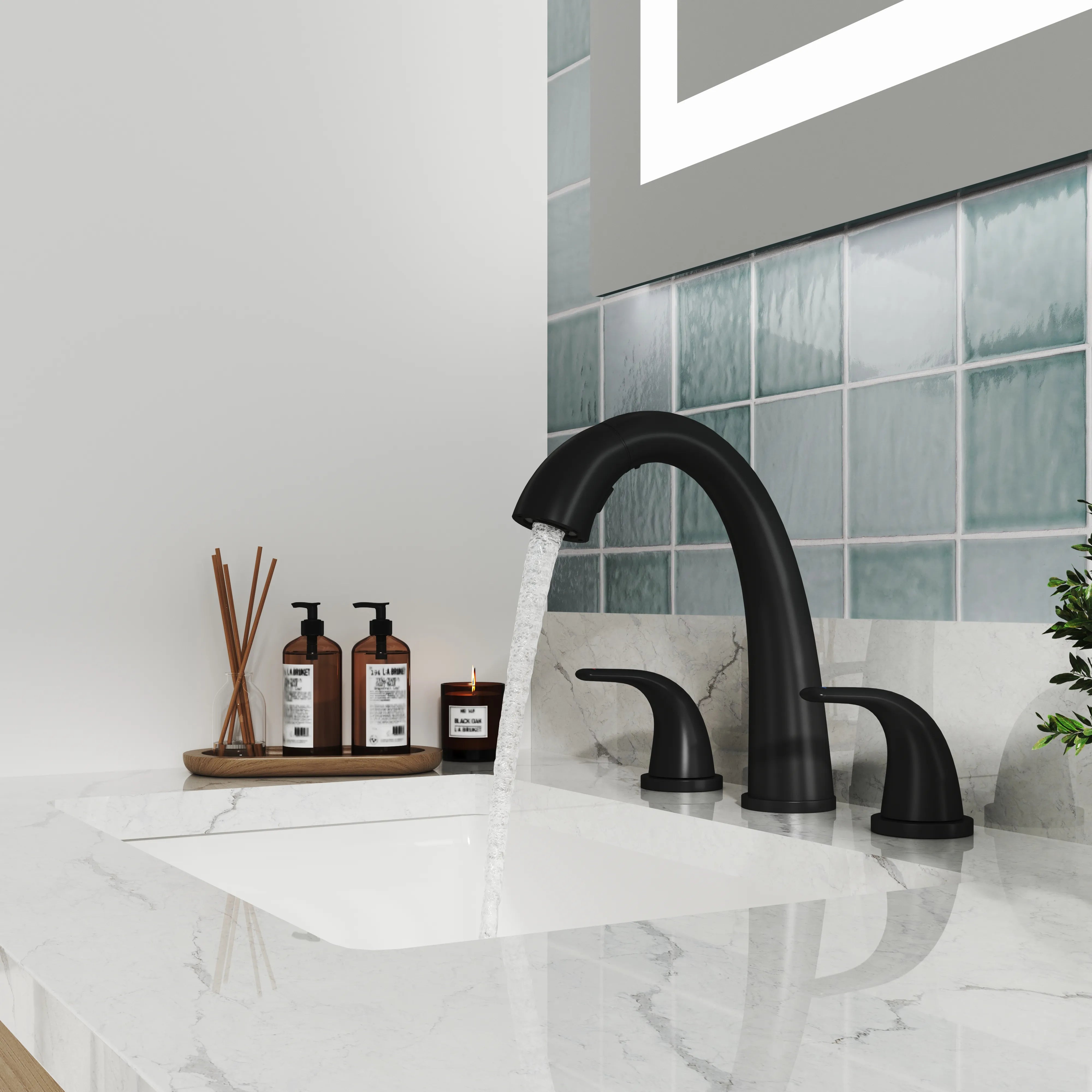 8" Matte Black Pull-Down Widespread Bathroom Faucet
