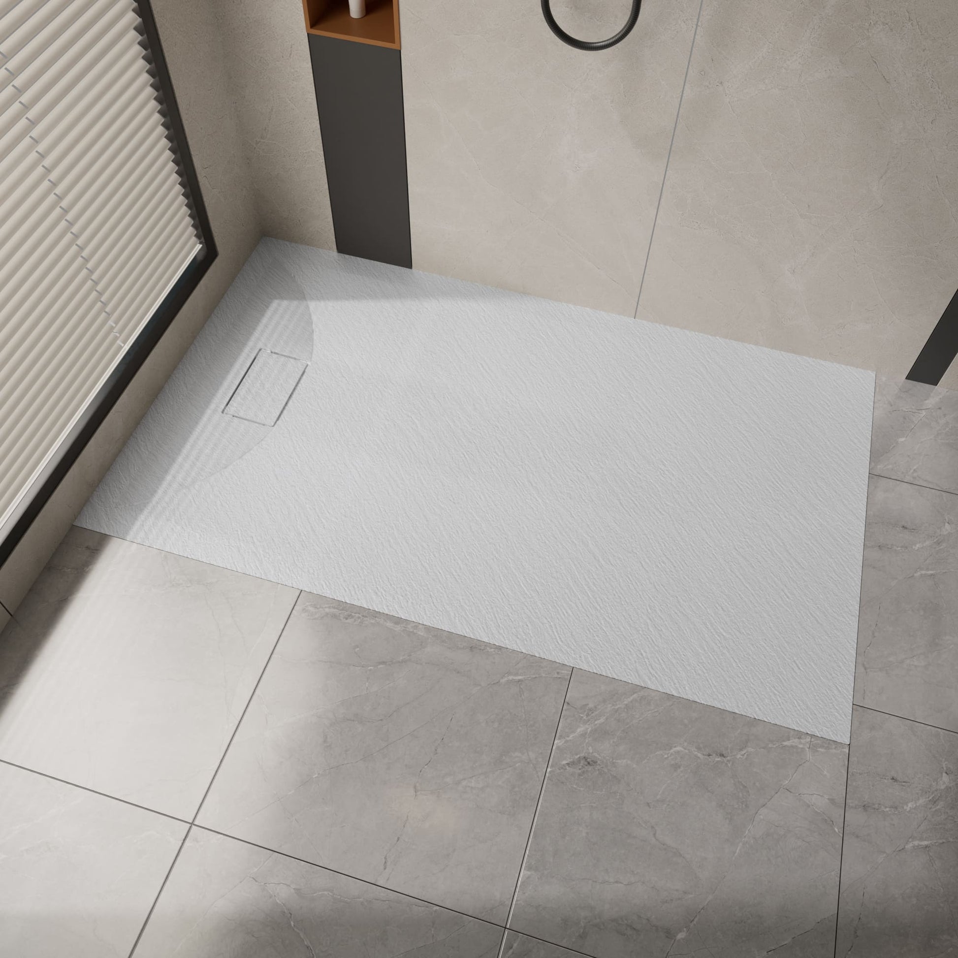 Curbless SMC Shower Base with Flamed Rock Slip-Resistant Surface, Reversible Drain