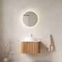 Floating Bathroom Vanity with Curved Edges, Fluted Drawer Fronts, Carrara Sintered Stone Top and Round Ceramic Vessel Sink, Natural Woodgrain / Dark Walnut