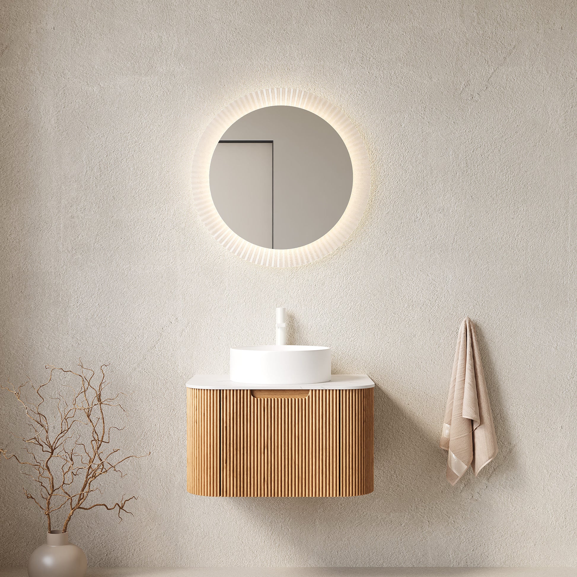 Floating Bathroom Vanity with Curved Edges, Fluted Drawer Fronts, Carrara Sintered Stone Top and Round Ceramic Vessel Sink, Natural Woodgrain / Dark Walnut