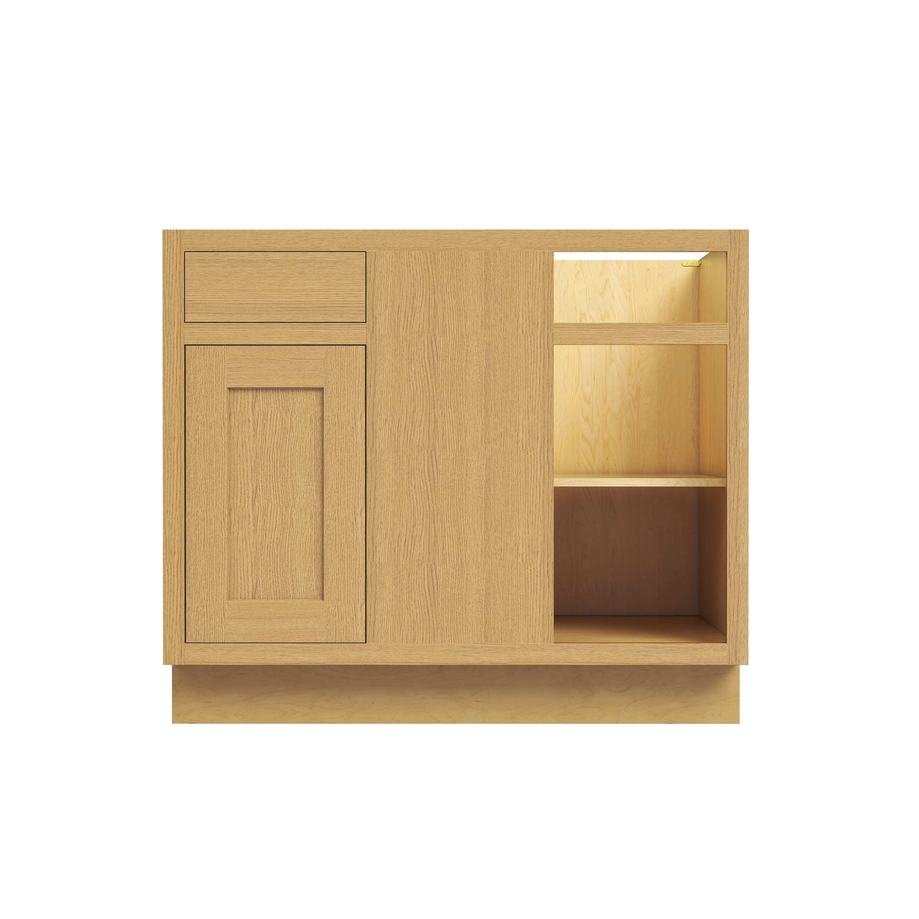 Inset Hazelnut Oak RTA 40-46"W x 34.5"H x 25"D 3-Size Blind Corner Base Cabinet with 1 Door, 1 Drawer and 1 Shelf