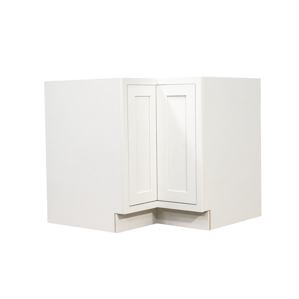 Inset Origami White RTA 34-37"W x 34.5"H x 25"D 2-Size Lazy Susan Base Cabinet with Pull-out Shelf and Bi-fold Door