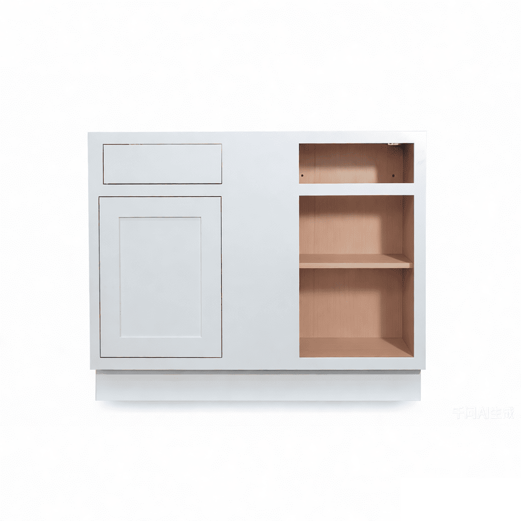 Inset Origami White RTA 40-46"W x 34.5"H x 25"D 3-Size Blind Corner Base Cabinet with 1 Door, 1 Drawer and 1 Shelf
