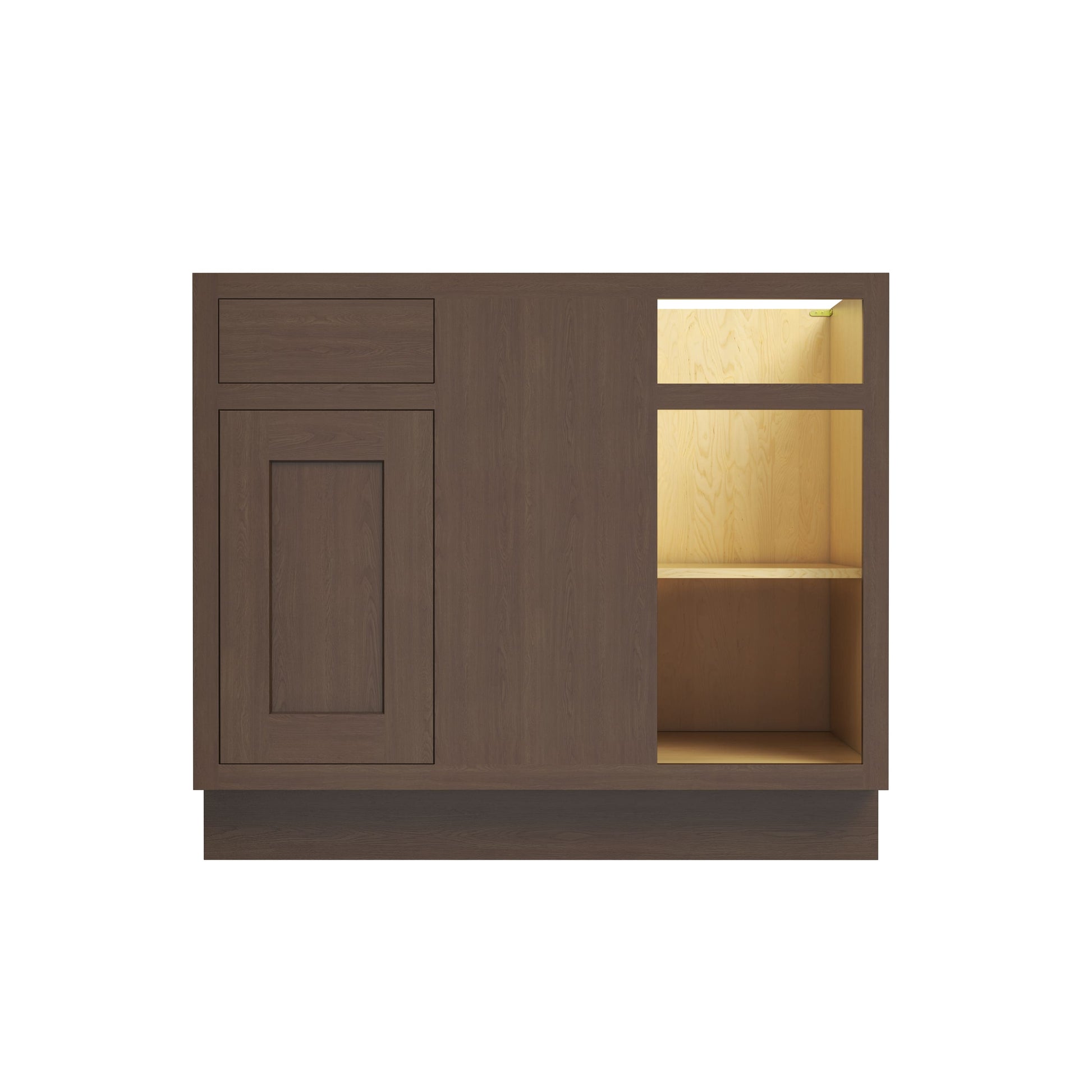Inset Truffle Brown RTA 40-46"W x 34.5"H x 25"D 3-Size Blind Corner Base Cabinet with 1 Door, 1 Drawer and 1 Shelf