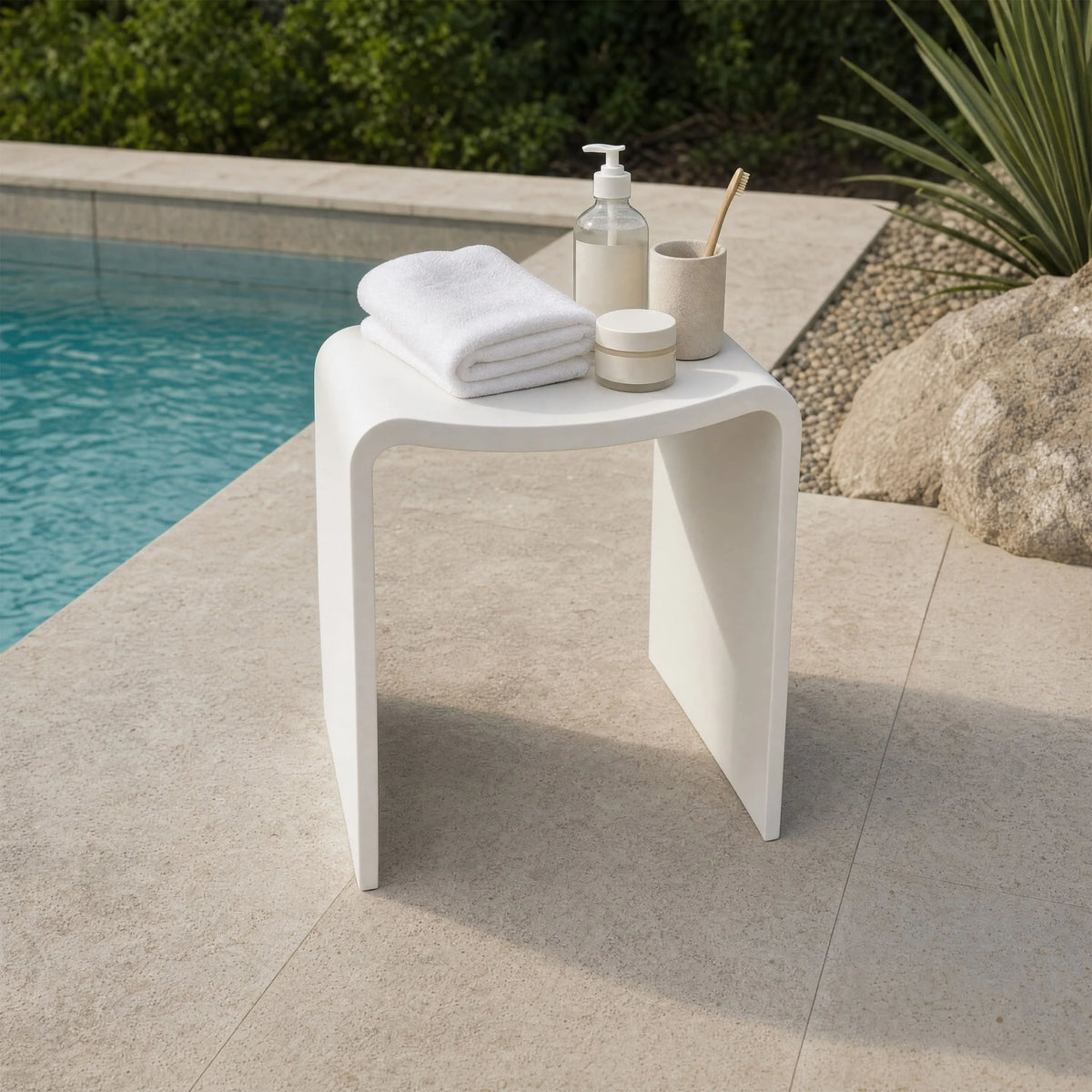 Solid Surface U-Shaped Shower Stool in Matte White / Matte Black
