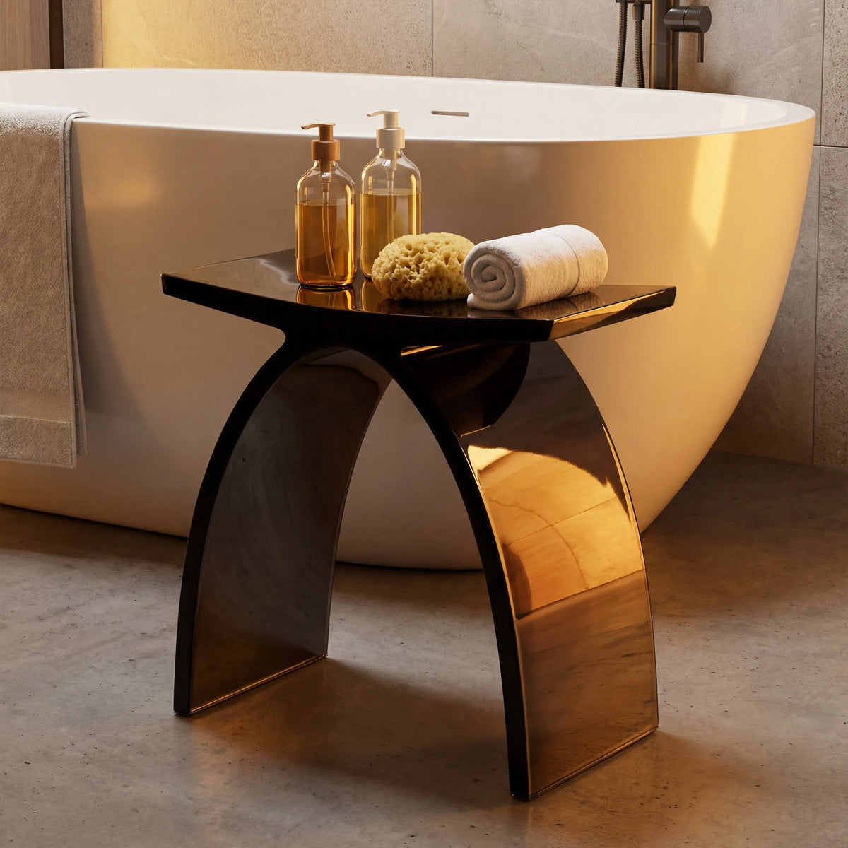 Translucent Resin Arched Solid Surface Bathroom Shower Bench in Glossy Smoke Black/Amber