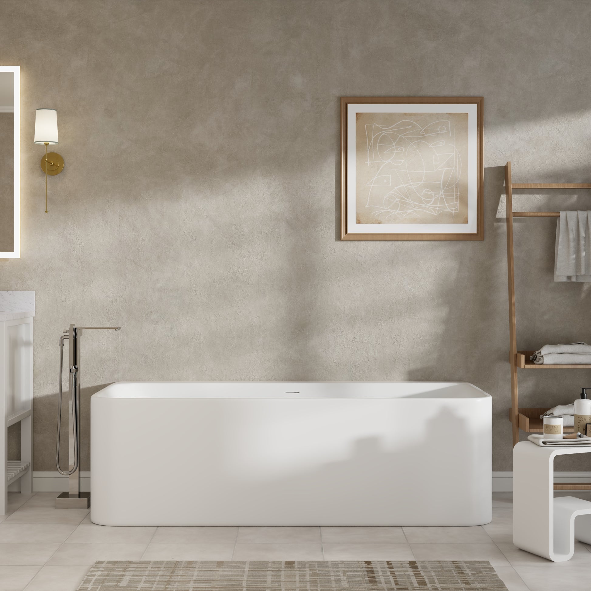 55"/59"/63"/67"/71" Rectangular Matte White Solid Surface Alcove Soaking Tub