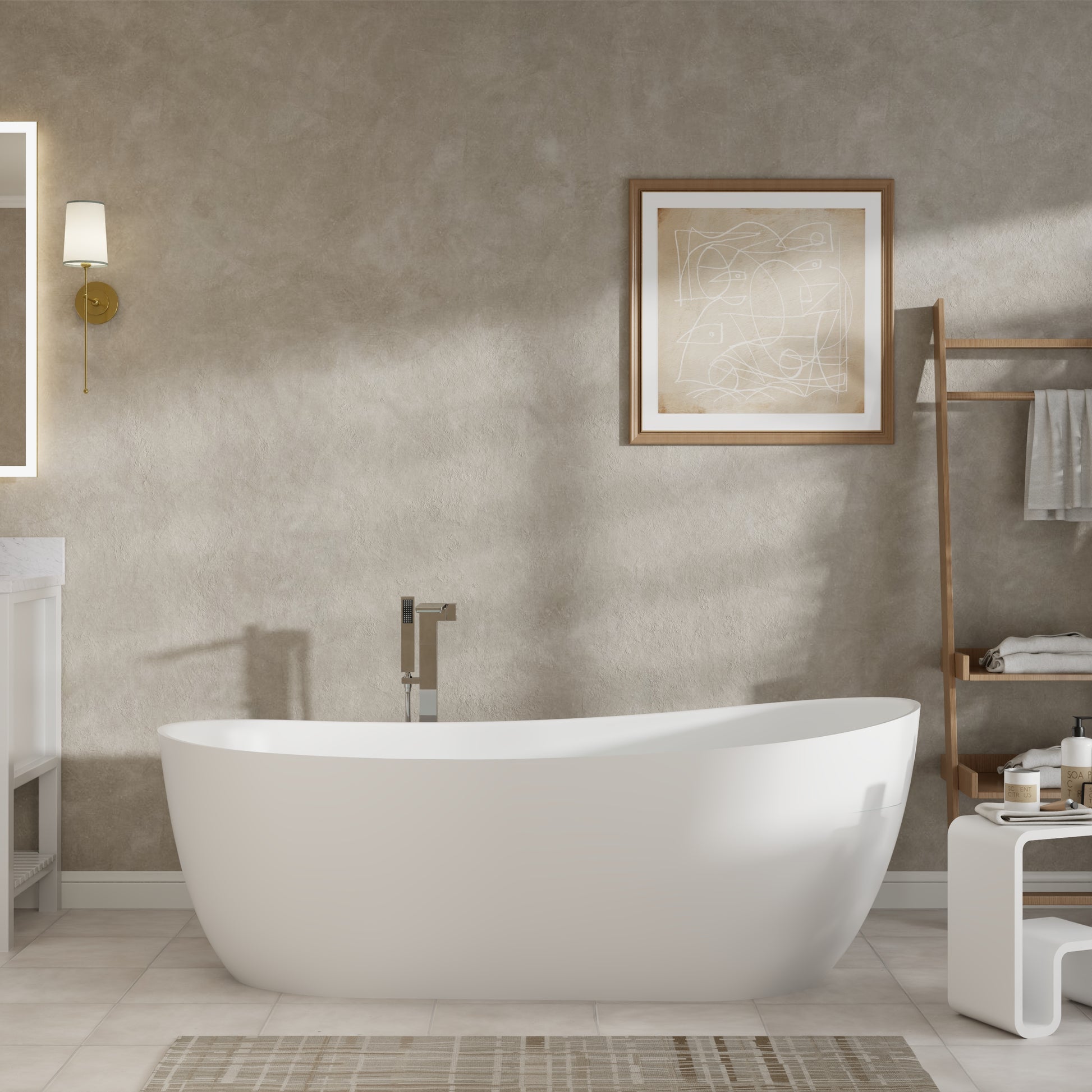 55"/63"/67"/71" Oval Freestanding Matte White Solid Surface Soaking Bathtub