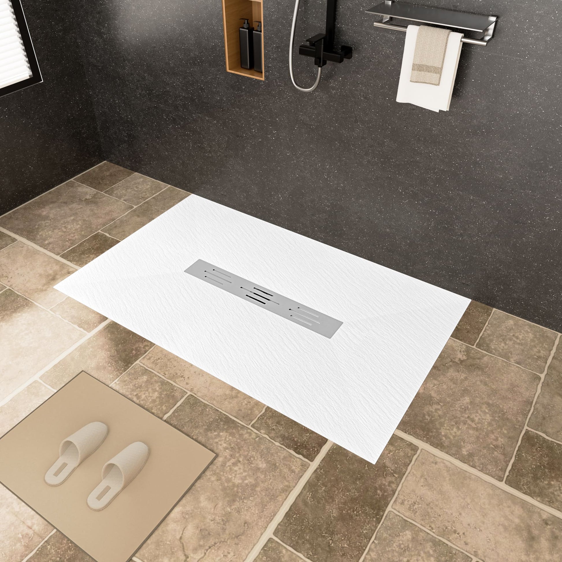 White/Calacatta Curbless SMC Shower Base with Flamed Rock Slip-Resistant Surface, Center Drain