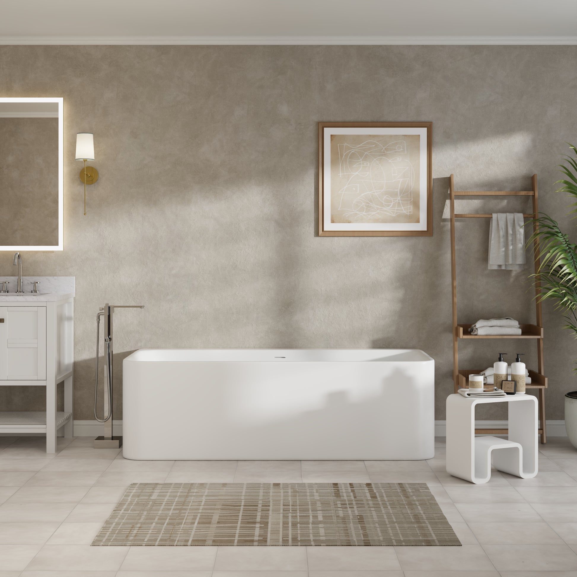 55"/59"/63"/67"/71" Rectangular Matte White Solid Surface Alcove Soaking Tub