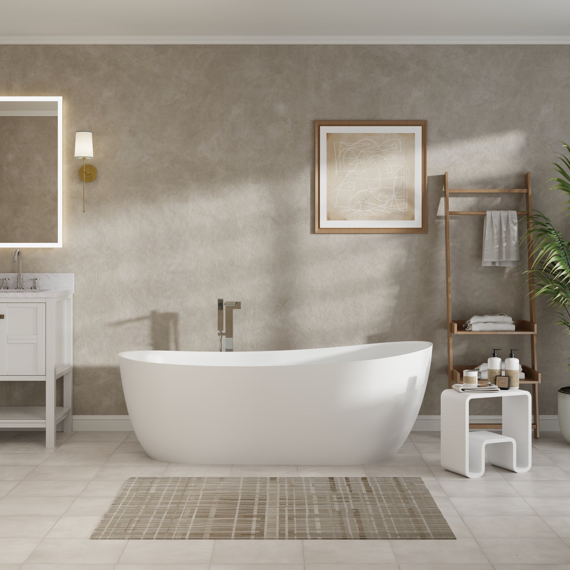 55"/63"/67"/71" Oval Freestanding Matte White Solid Surface Soaking Bathtub