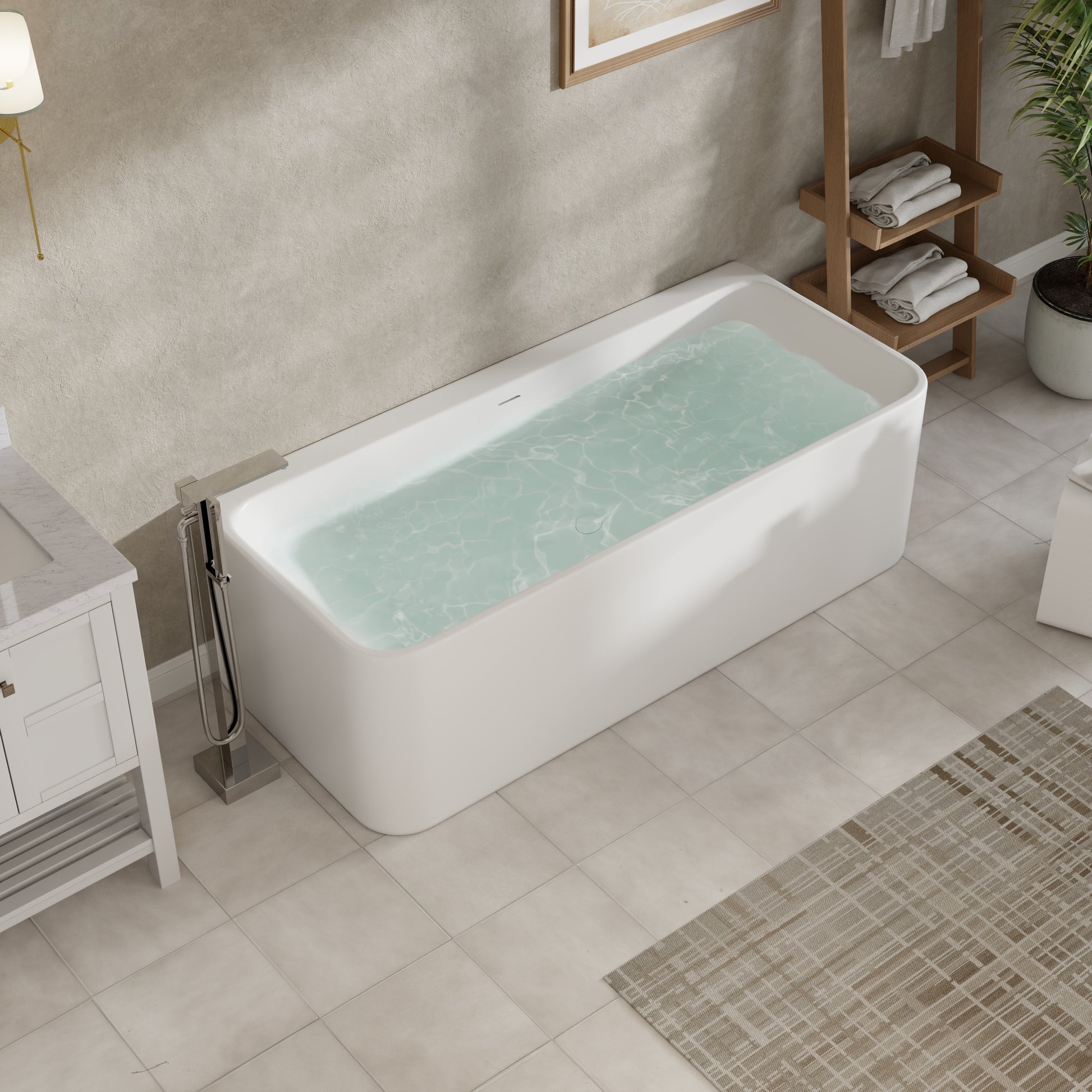 55"/59"/63"/67"/71" Rectangular Matte White Solid Surface Alcove Soaking Tub