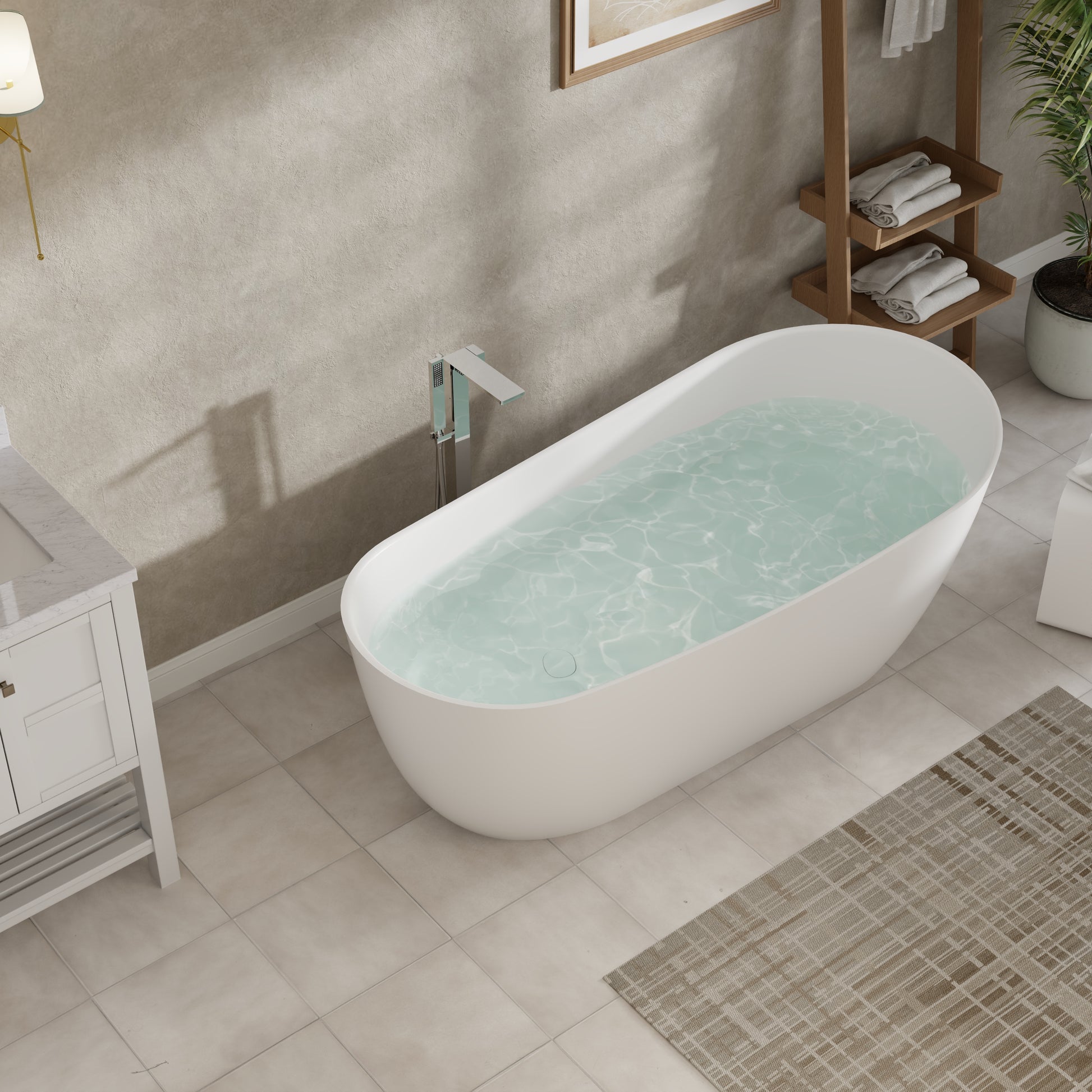 55"/63"/67"/71" Oval Freestanding Matte White Solid Surface Soaking Bathtub