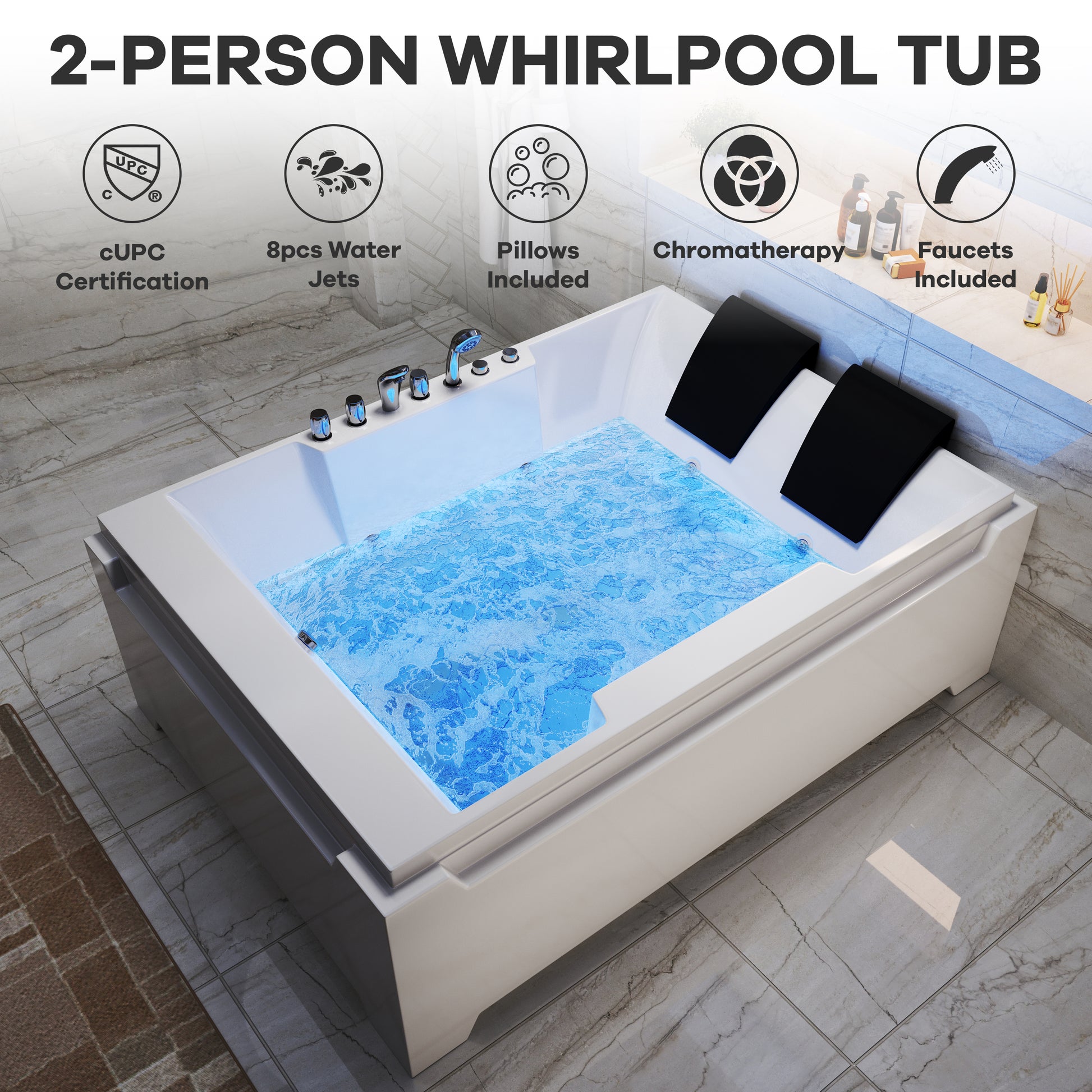 73" Two-Person Whirlpool Tub with Hydro Massage Jets & Chromotherapy Lighting