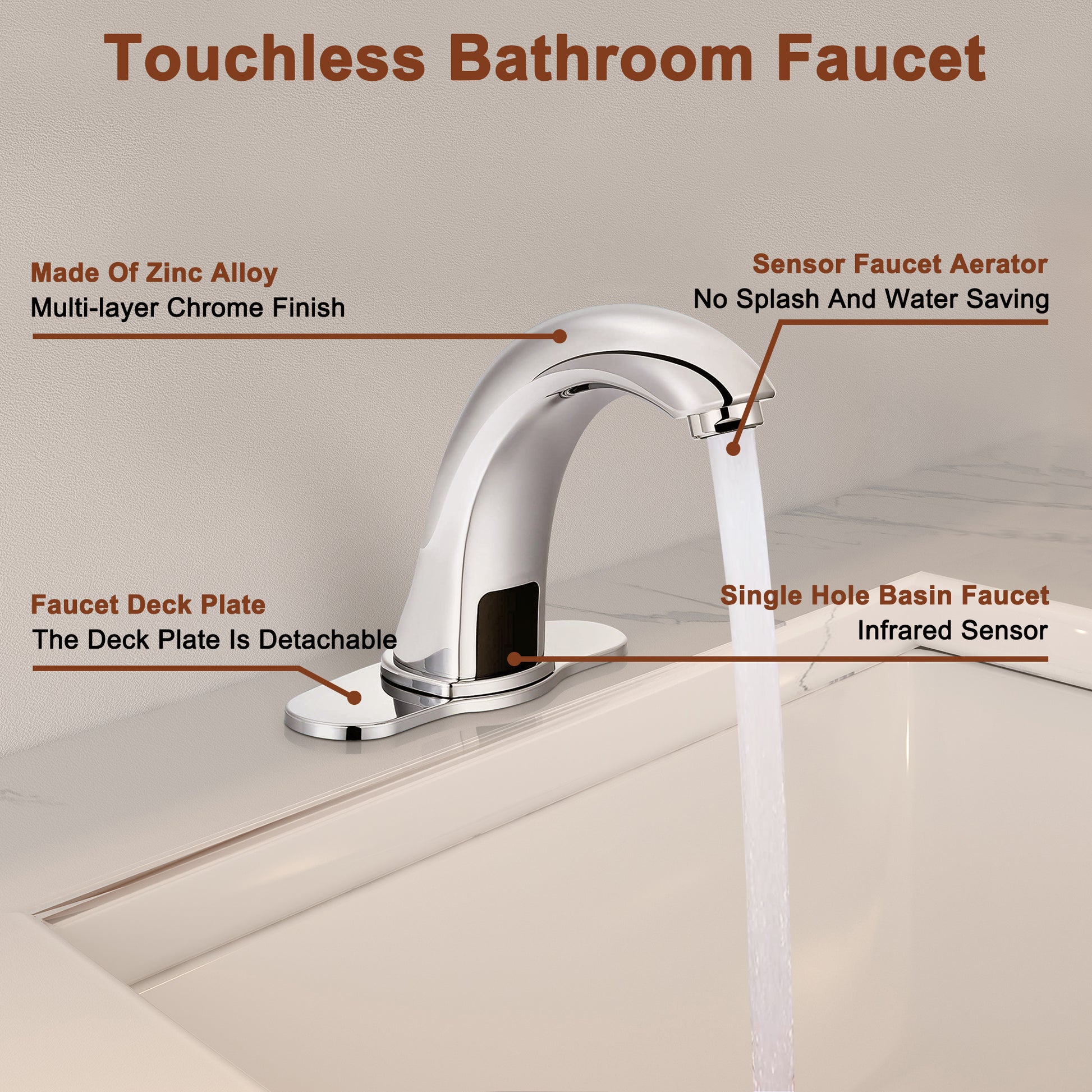 Hands-Free Touchless Bathroom Sink Faucet with Hole Cover Plate