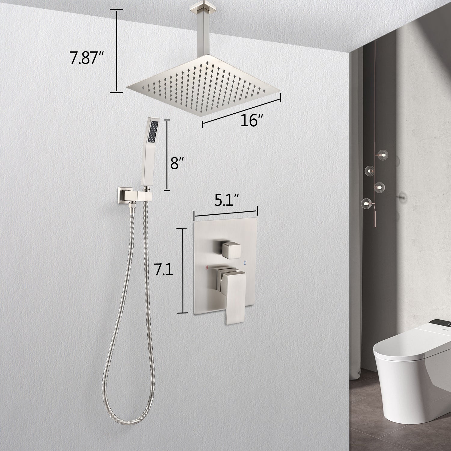 Ceiling Mounted Shower System Combo Set with Handheld and 16'Shower head-CASAINC