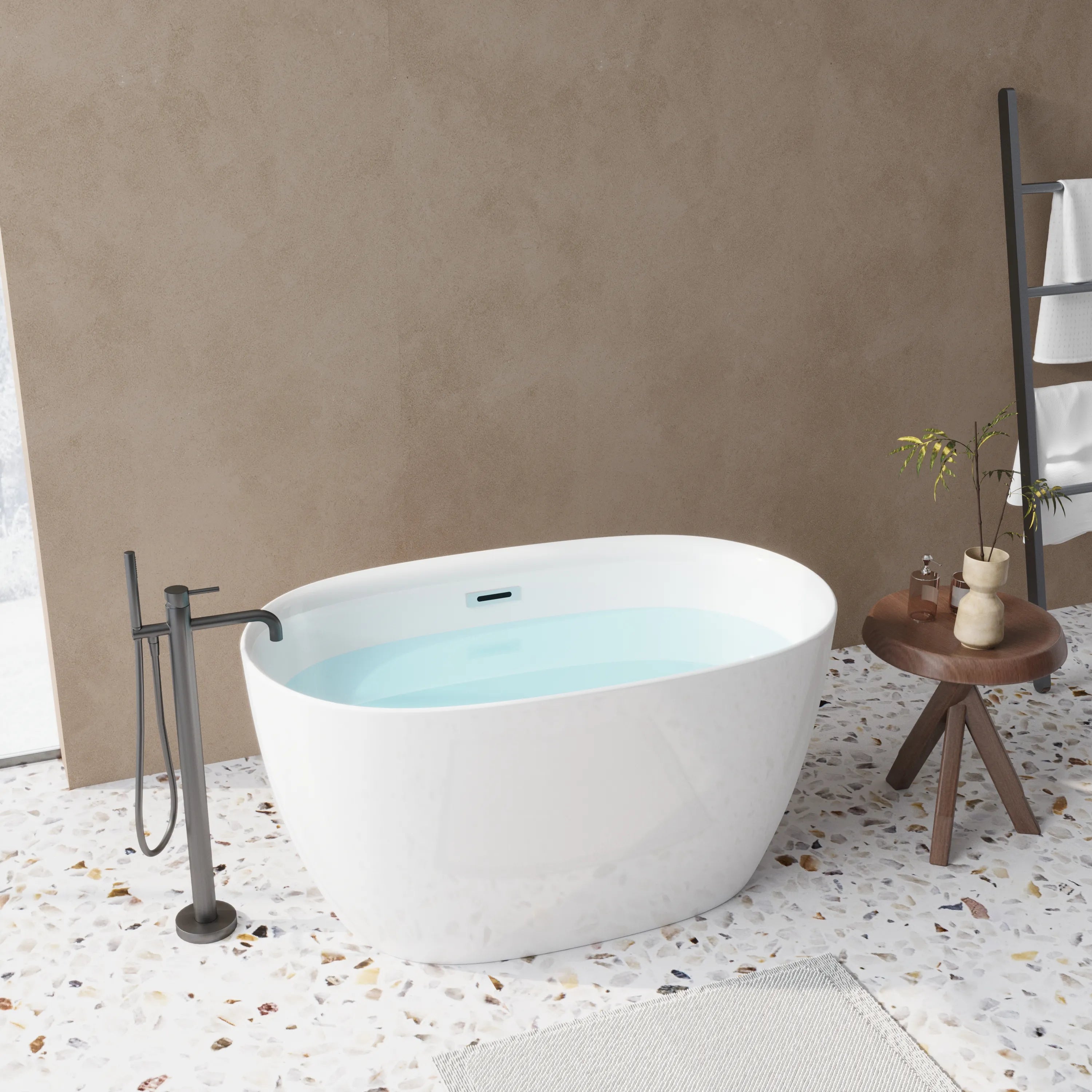 47" Gloss White Acrylic Oval Freestanding Bathtub with Chrome Overflow and Pop-Up Drain
