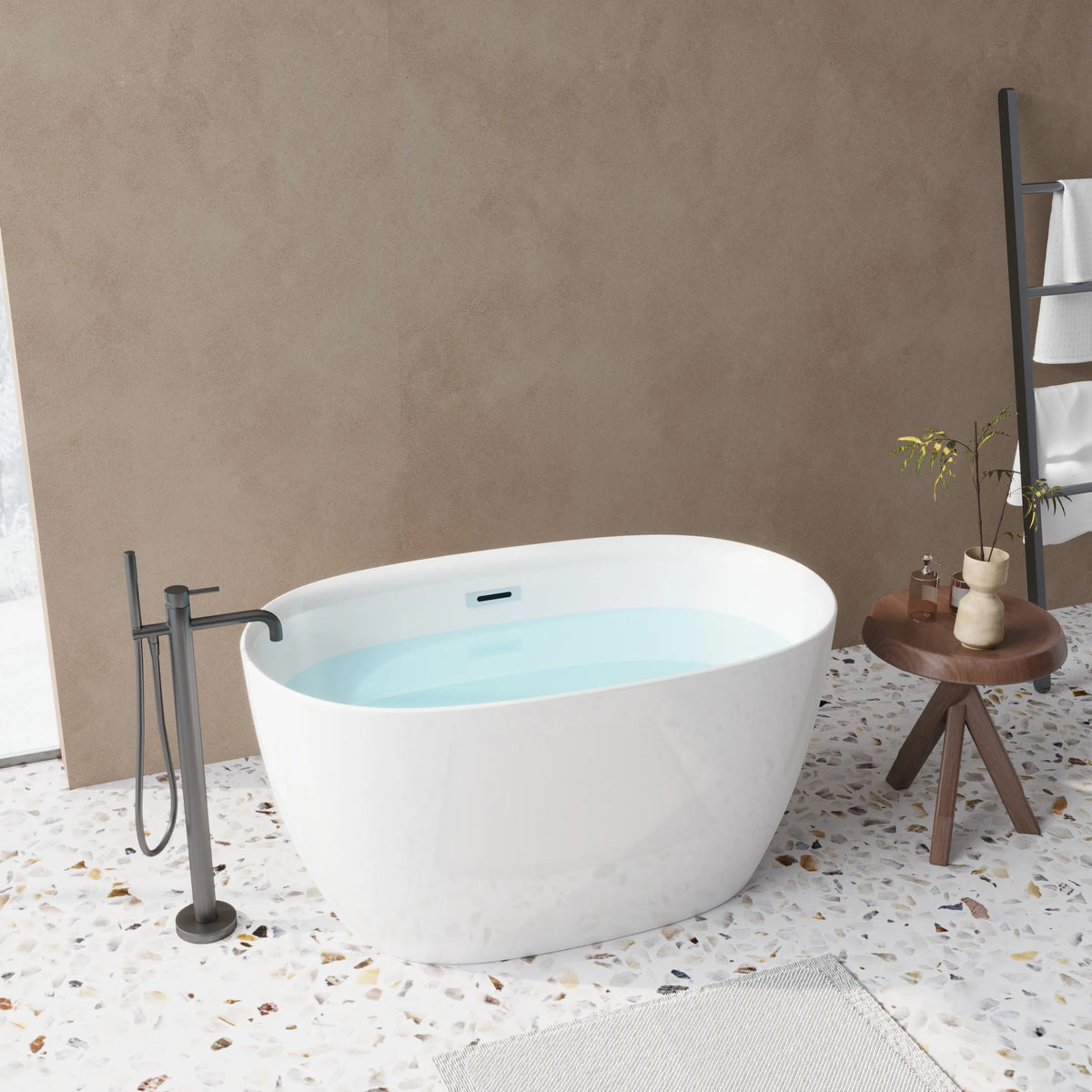 47" Gloss White Acrylic Oval Freestanding Bathtub with Chrome Overflow and Pop-Up Drain