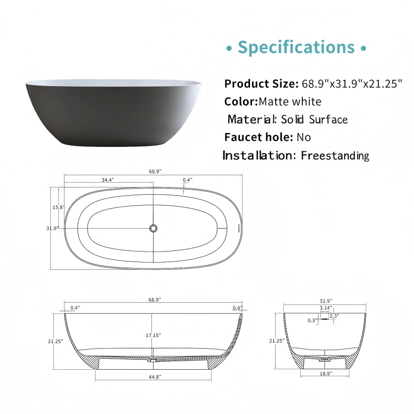 57"/61"/65"/69" Luxury Stone Resin Freestanding Soaking Bathtub with One-Side Overflow