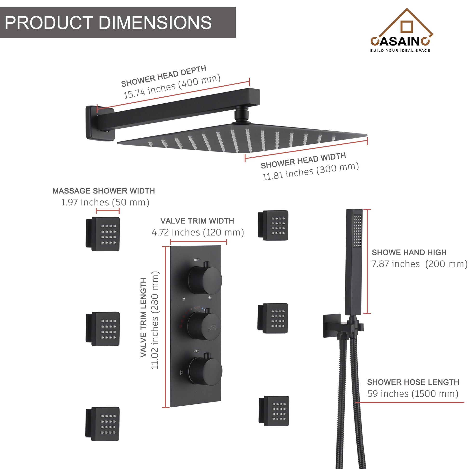 12" Thermostatic Complete Shower System with Rough-in Valve & 6 Body Jets
