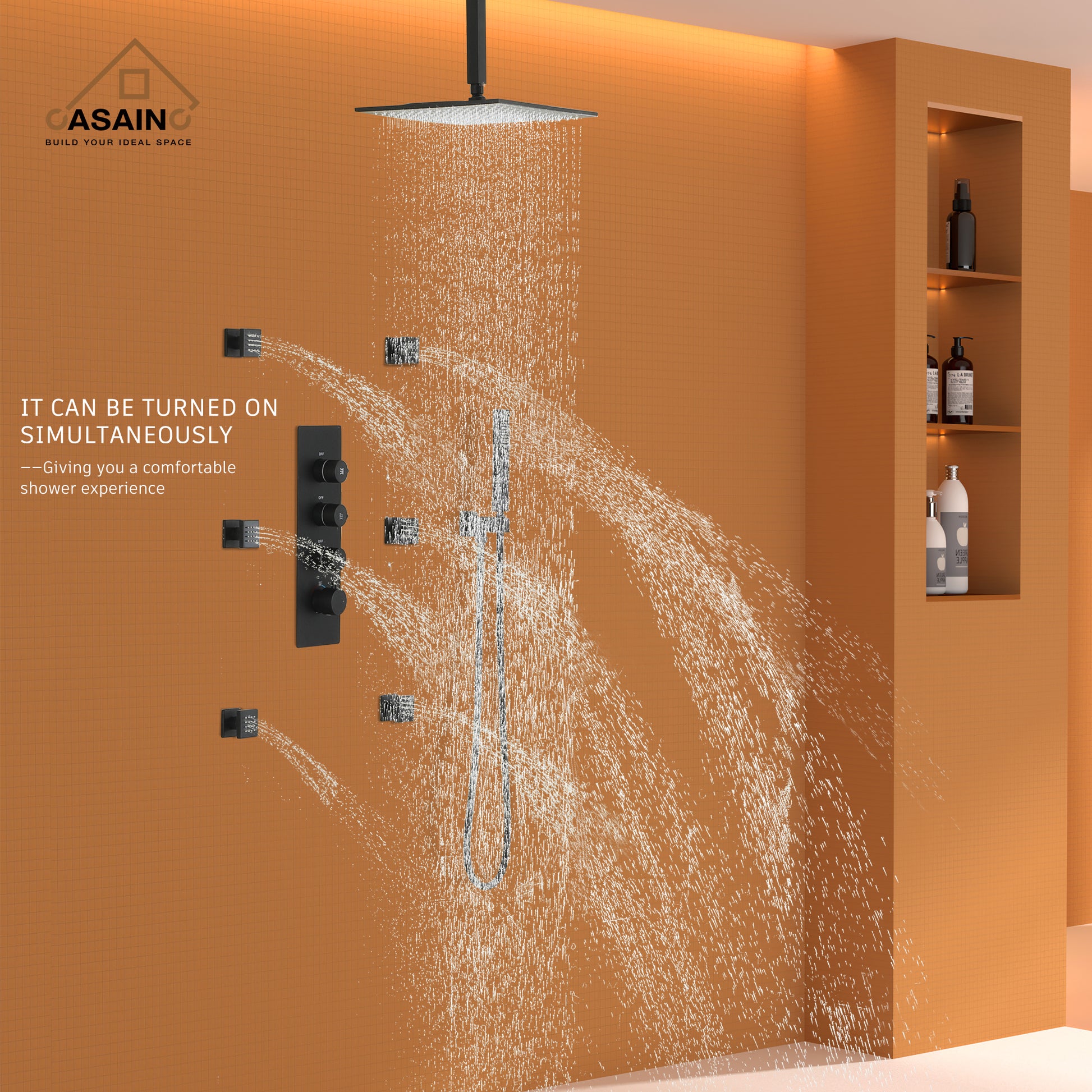 12" Ceiling-Mounted Rainfall Shower System with Handheld & Body Jets