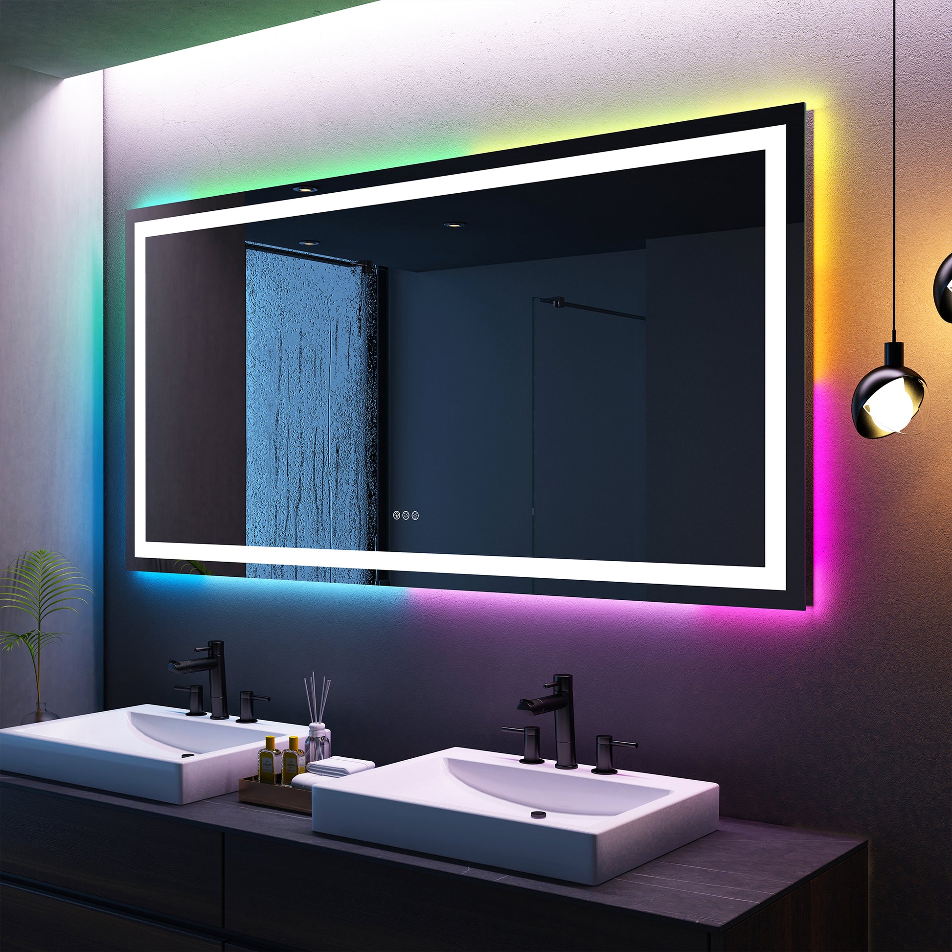 Tempered RGB LED Bathroom Mirror with Smart Controls & Anti-Fog