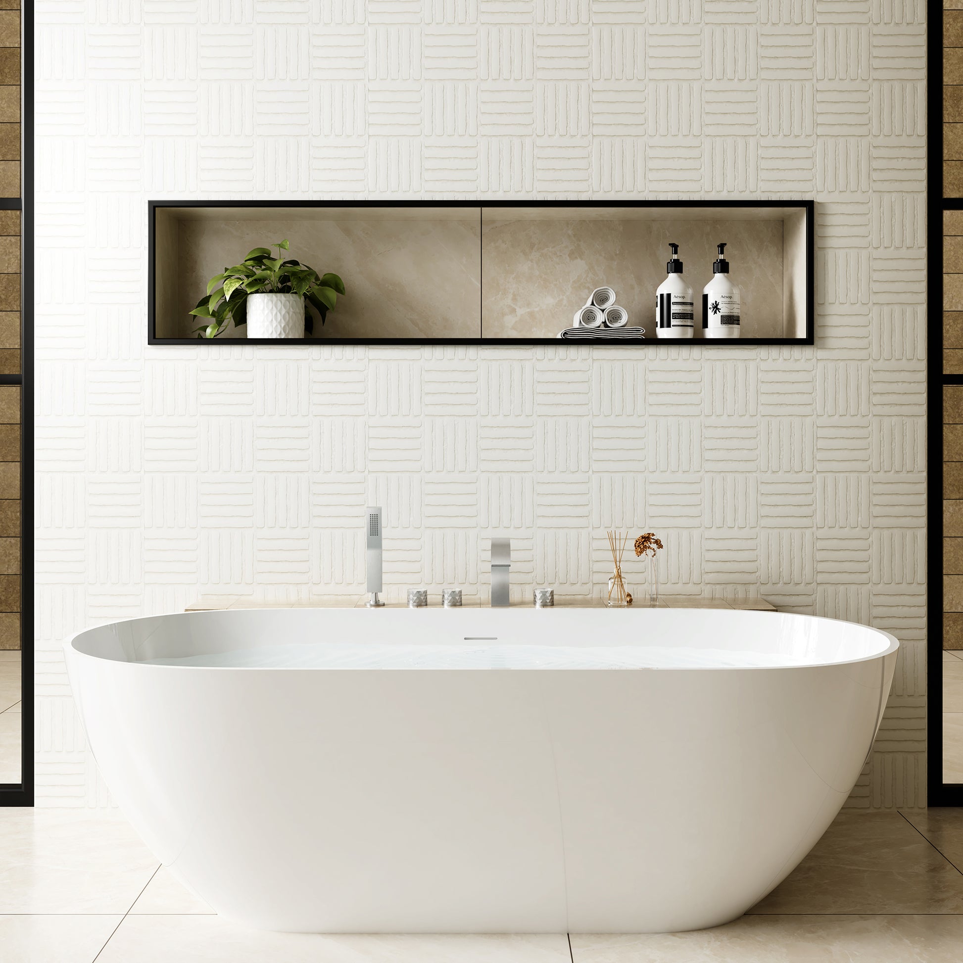 C-Shaped Curved Design 3-Handle Roman Bathtub Faucet with Hand Shower