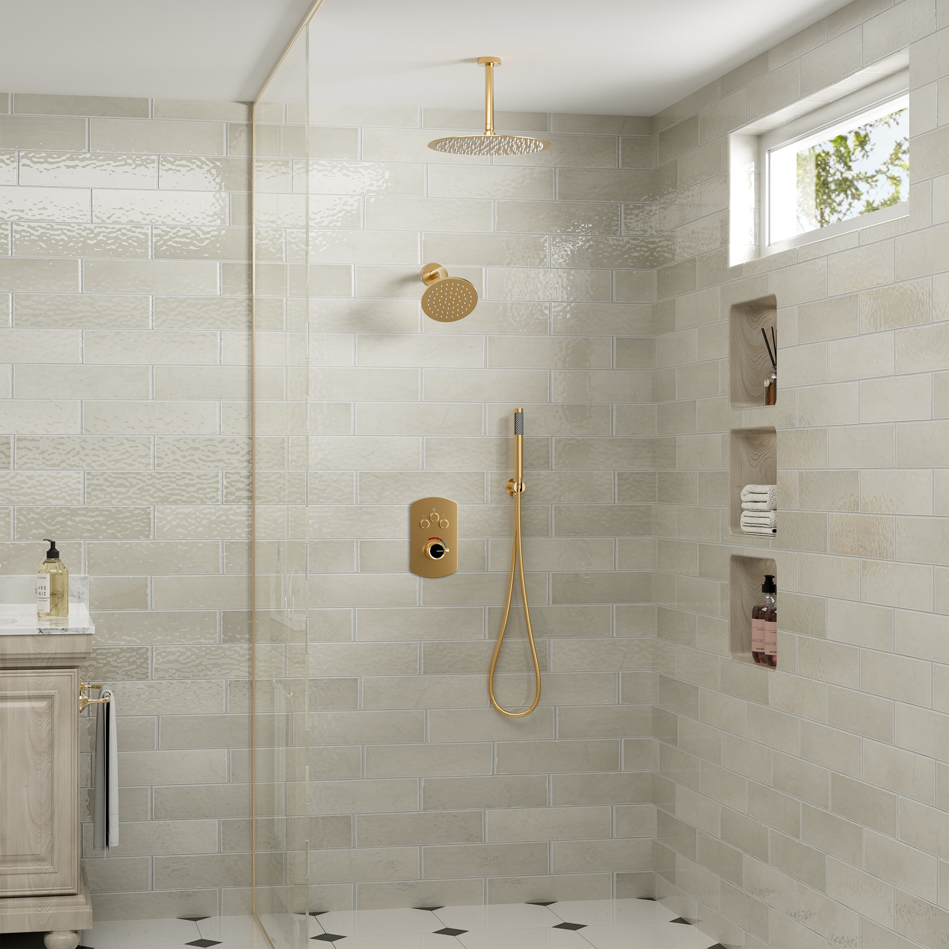 3-Function Shower System with Dual Showerheads and Balancing Valve