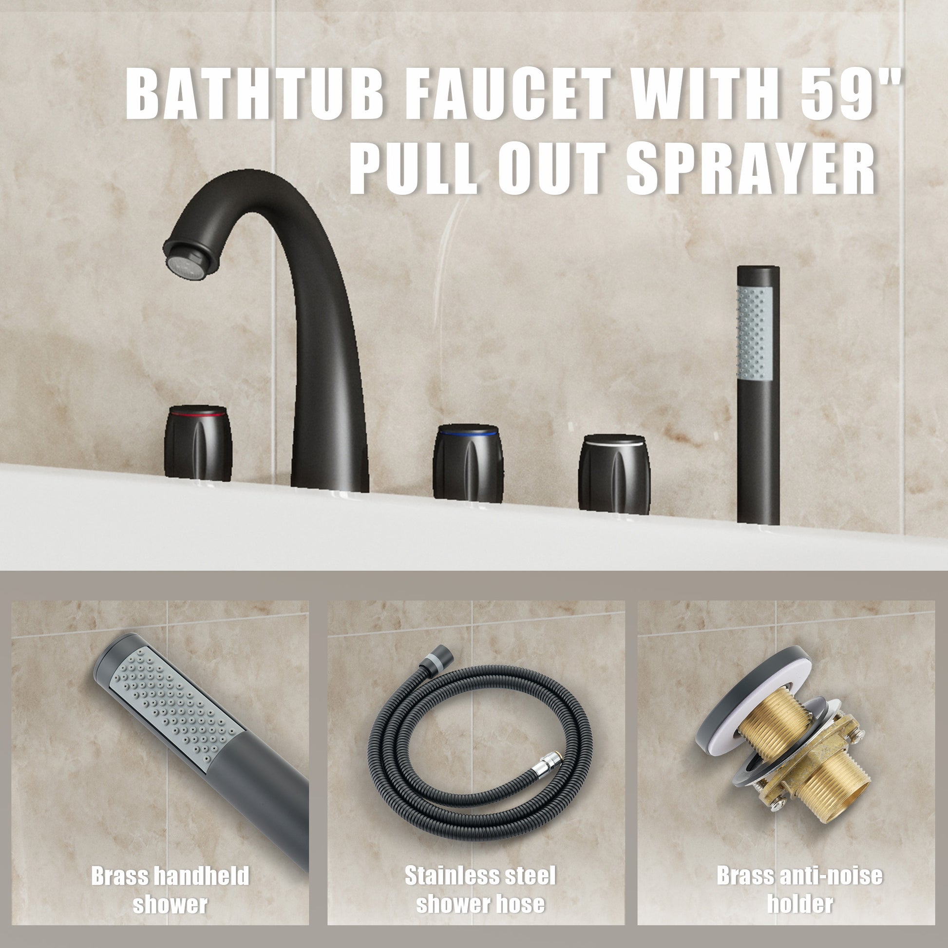 3-Handle Deck-Mounted Waterfall Roman Tub Faucet with Hand Shower