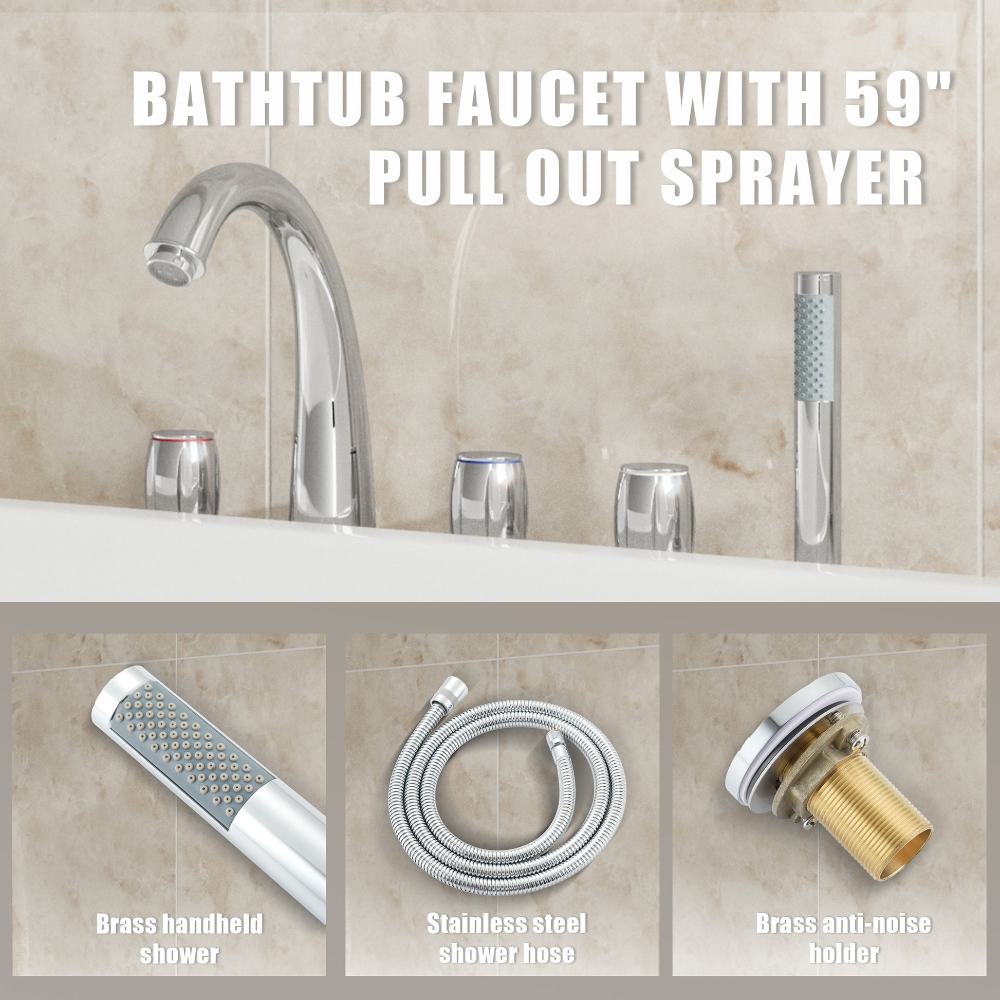 3-Handle Deck-Mounted Waterfall Roman Tub Faucet with Hand Shower