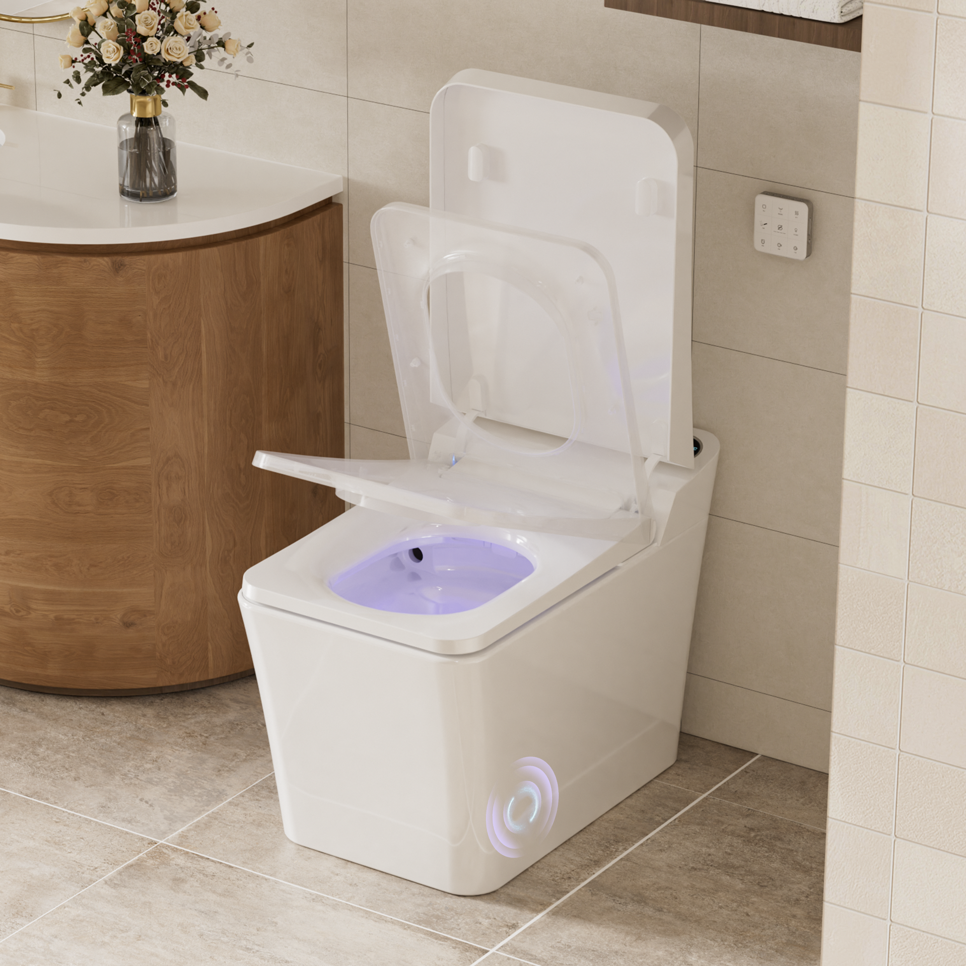 Elongated White Square-Shaped Tankless Smart Bidet Toilet