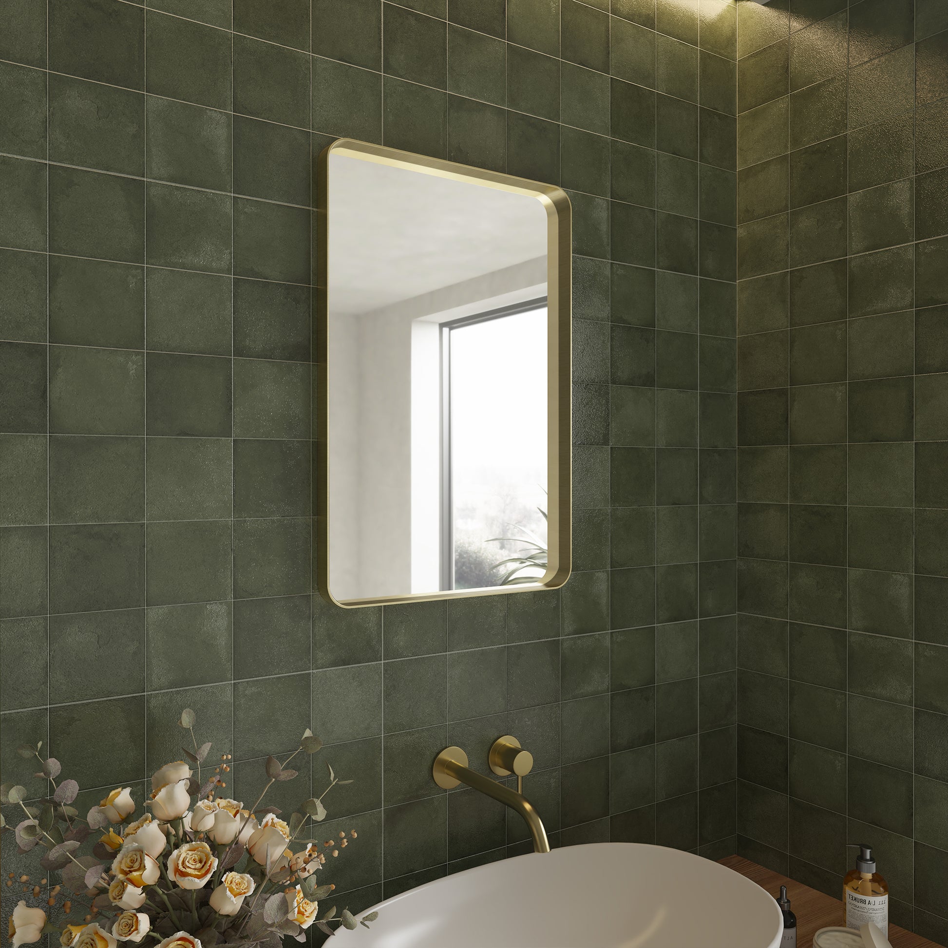 Tempered Glass Wall-Mounted Mirror with Gold Metal Frame