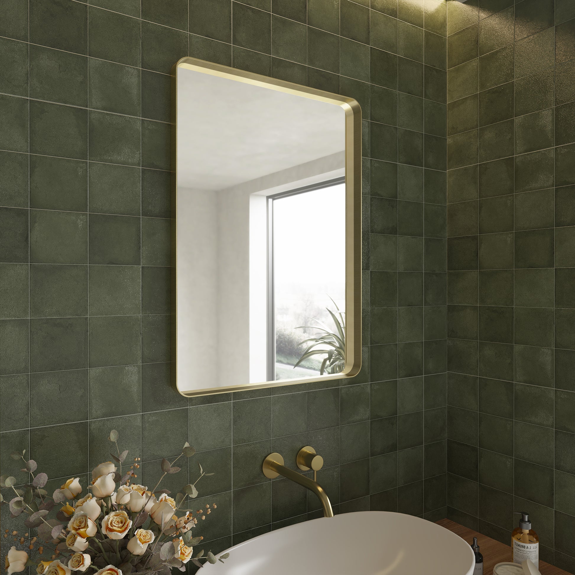 Tempered Glass Wall-Mounted Mirror with Gold Metal Frame