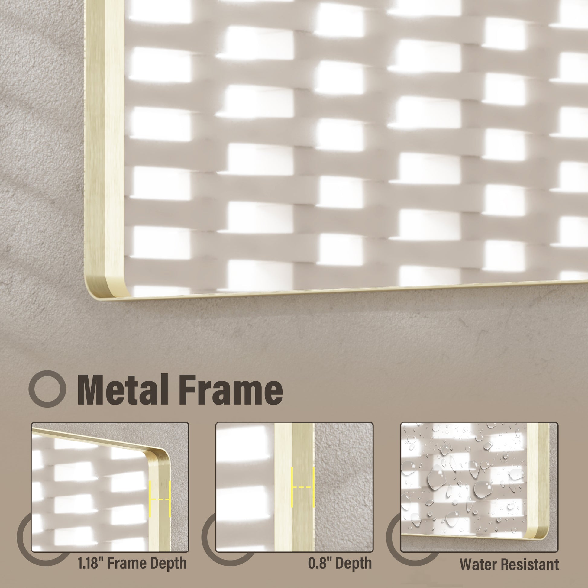 Tempered Glass Wall-Mounted Mirror with Gold Metal Frame